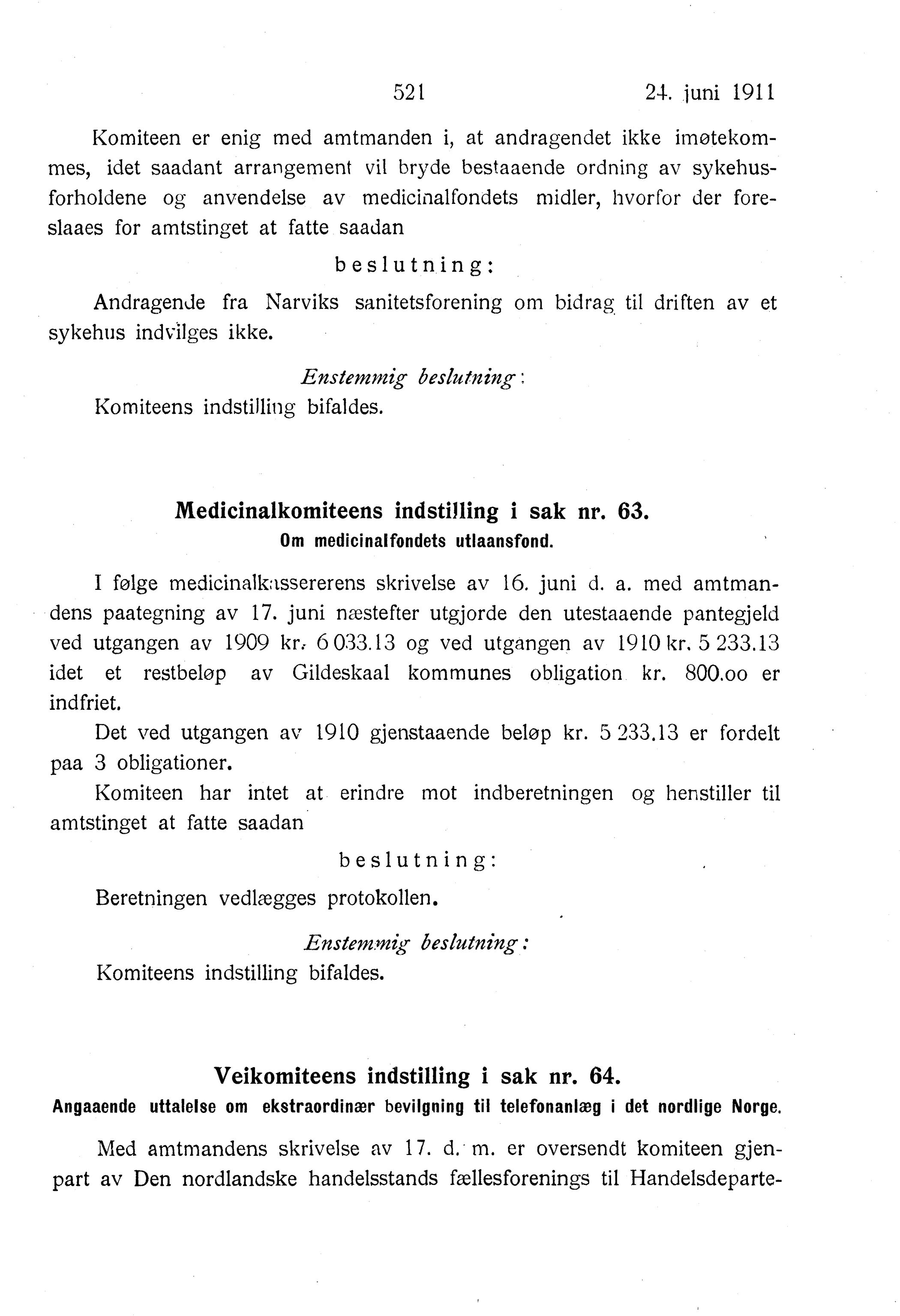 Nordland Fylkeskommune. Fylkestinget, AIN/NFK-17/176/A/Ac/L0034: Fylkestingsforhandlinger 1911, 1911