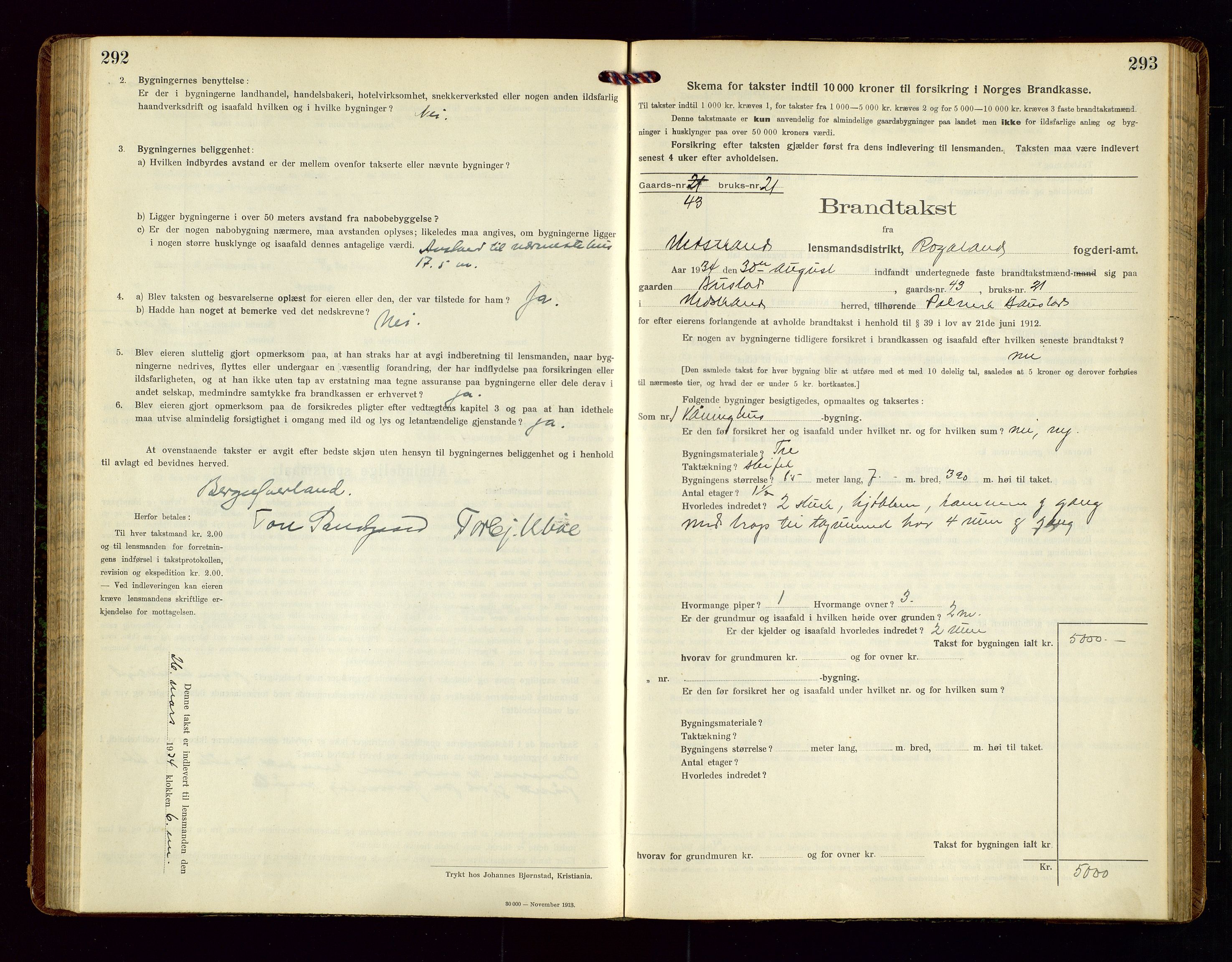 Nedstrand lensmannskontor, SAST/A-100236/Gob/L0002: "Brandtakstprotokol for Nerstrand lensmandsdistrikt Rogaland Fylke", 1916-1949, s. 292-293