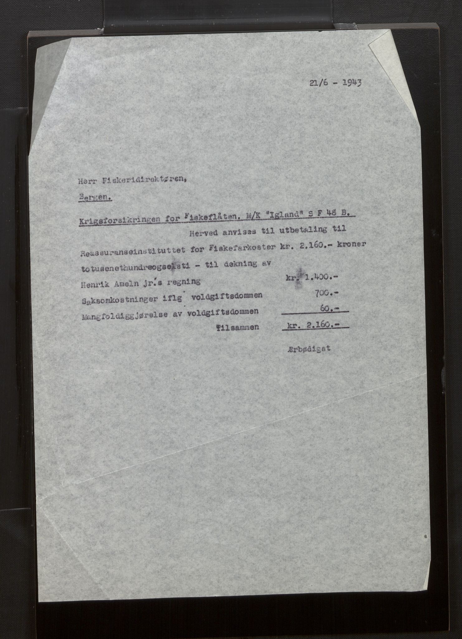 Fiskeridirektoratet - 1 Adm. ledelse - 13 Båtkontoret, AV/SAB-A-2003/La/L0058: Statens krigsforsikring for fiskeflåten, 1936-1971, s. 366