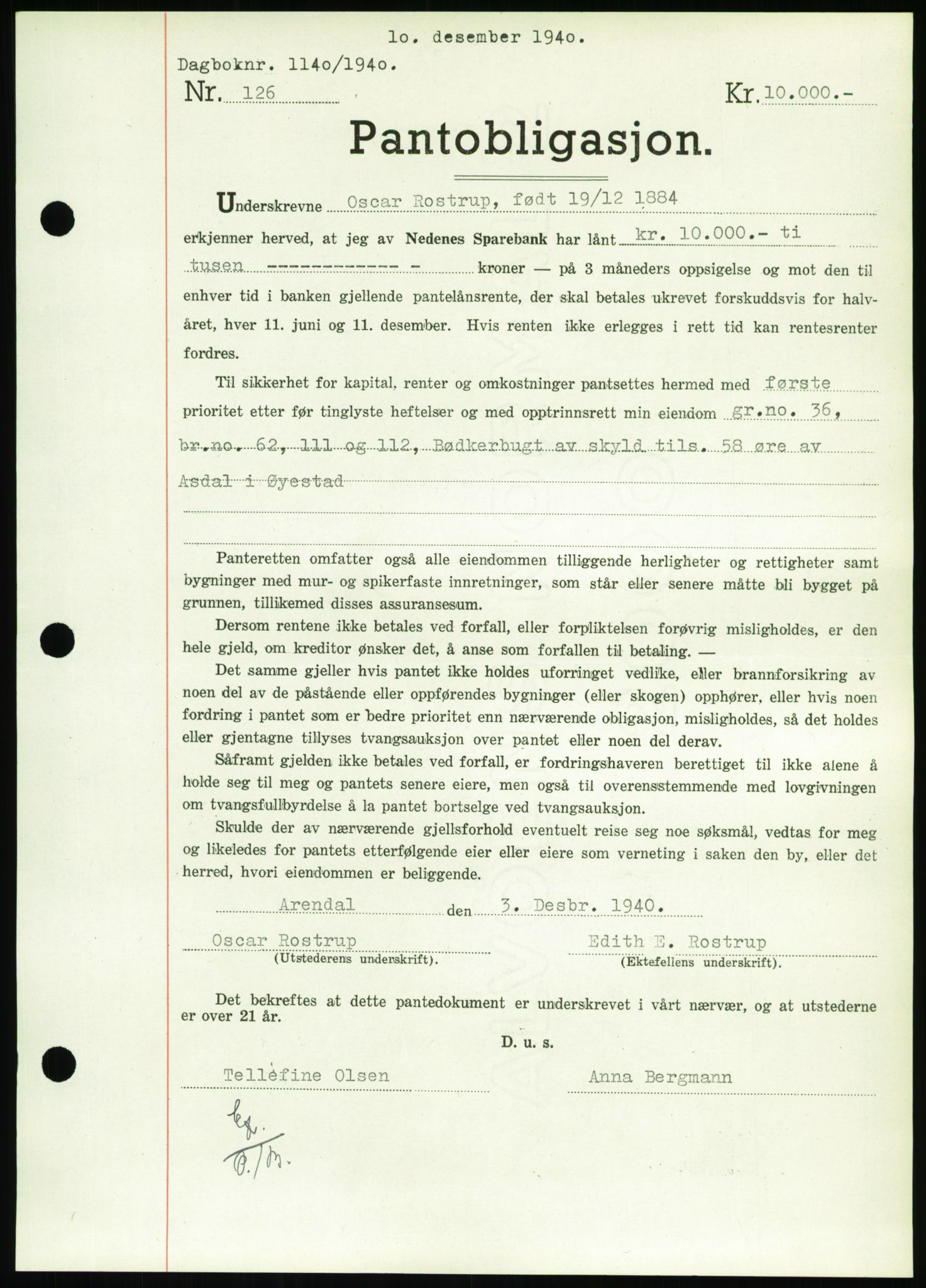 Nedenes sorenskriveri, SAK/1221-0006/G/Gb/Gbb/L0001: Pantebok nr. I, 1939-1942, Dagboknr: 1140/1940