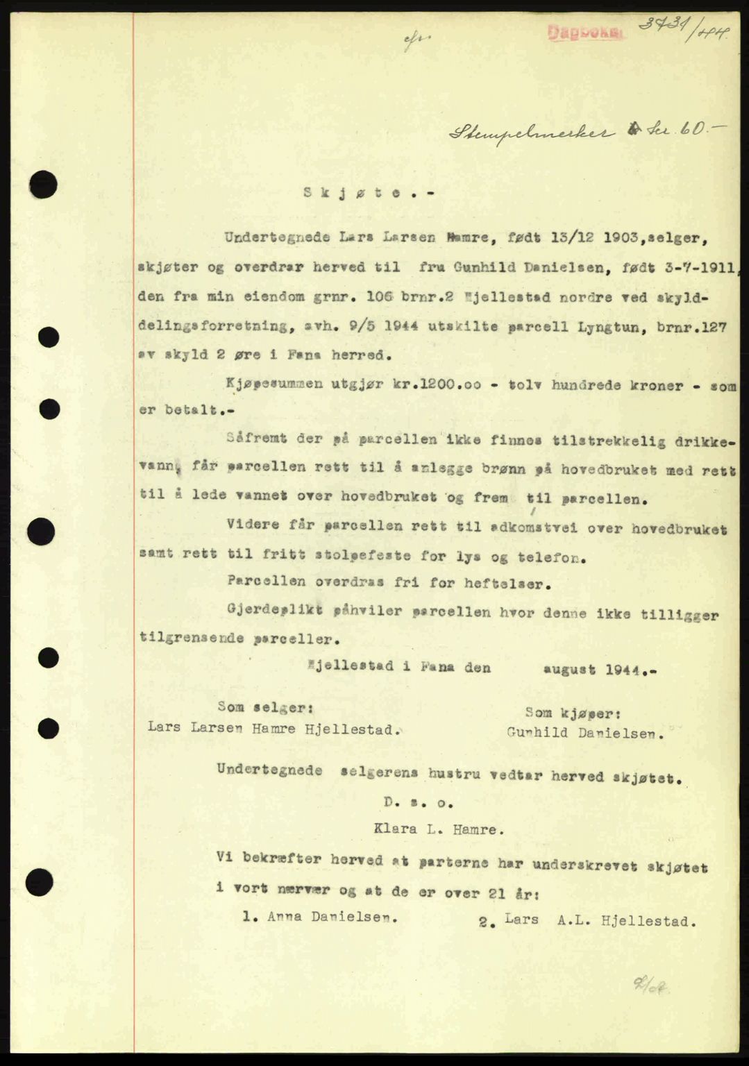 Midhordland sorenskriveri, SAB/A-3001/1/G/Gb/Gbj/L0019: Pantebok nr. A37-38, 1944-1945, Dagboknr: 3731/1944