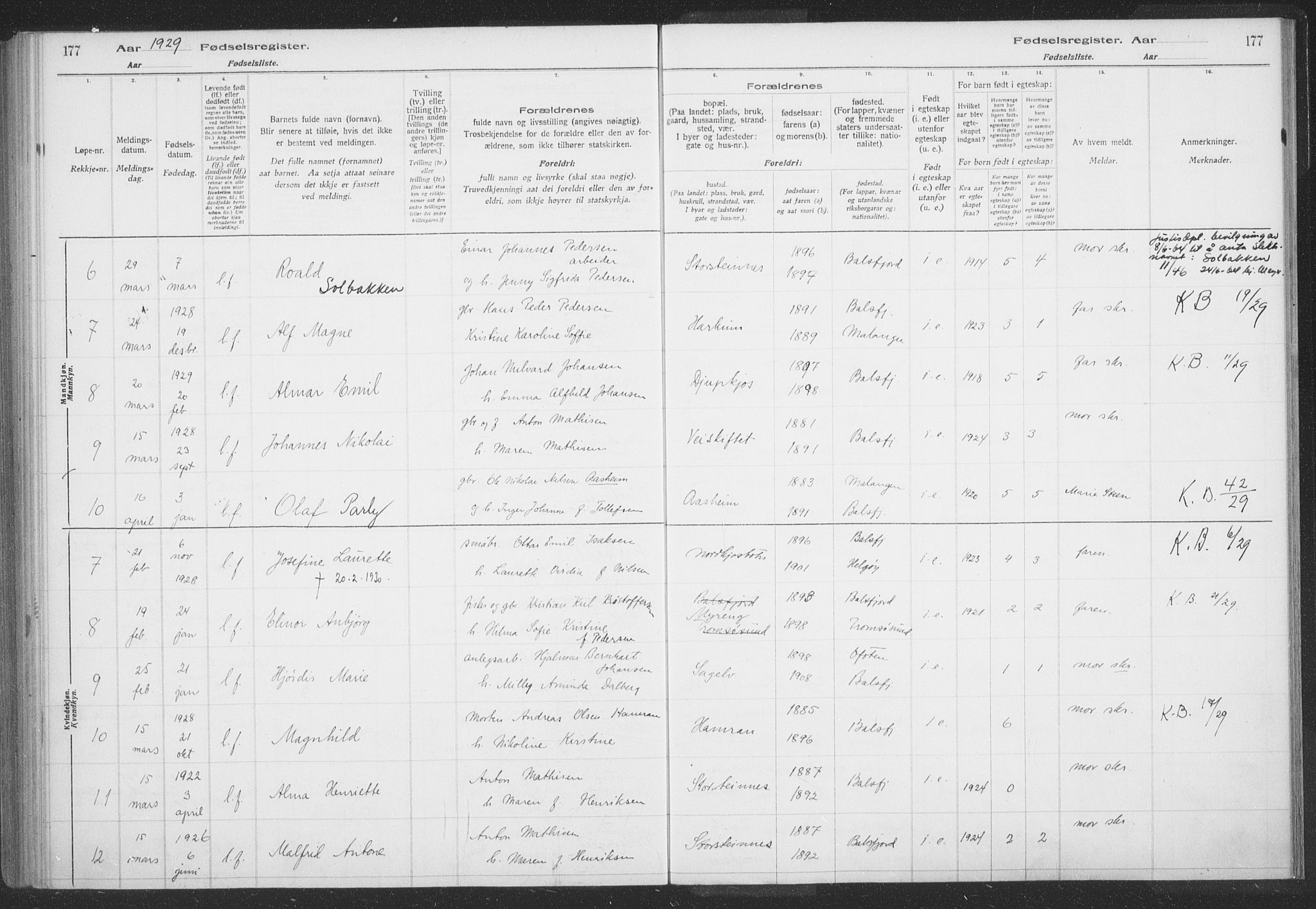 Balsfjord sokneprestembete, SATØ/S-1303/H/Hb/L0059: Fødselsregister nr. 59, 1916-1930, s. 177