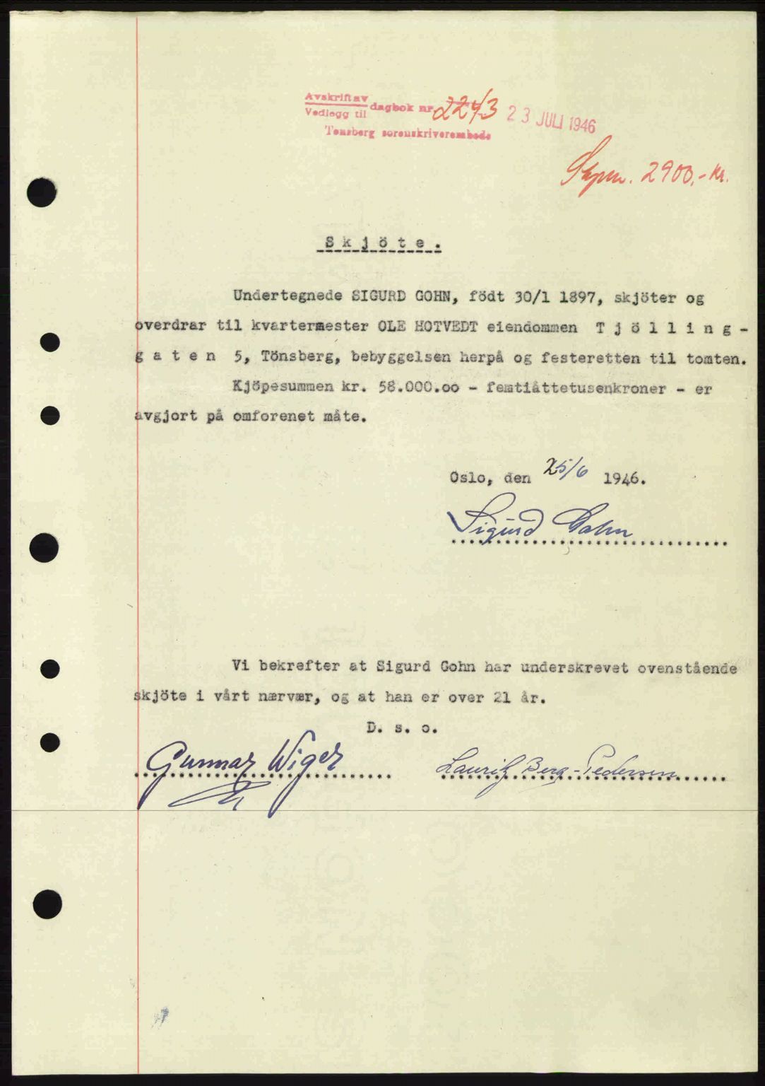 Tønsberg sorenskriveri, SAKO/A-130/G/Ga/Gaa/L0019: Pantebok nr. A19, 1946-1946, Dagboknr: 2243/1946