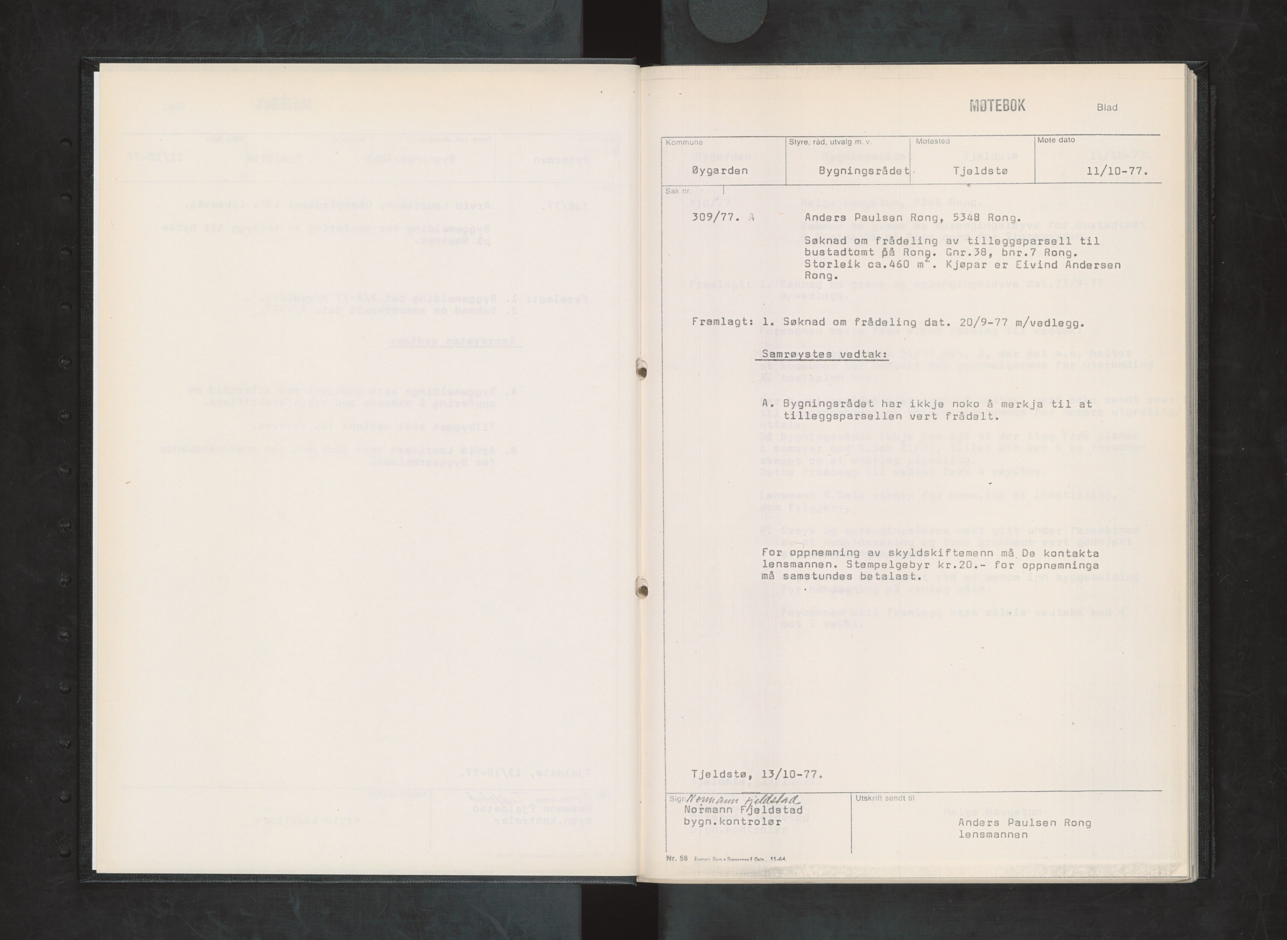 Øygarden kommune. Bygningsrådet, IKAH/1259b-511/A/Aa/L0007: Møtebok for Øygarden bygningsråd - Del III, 1977