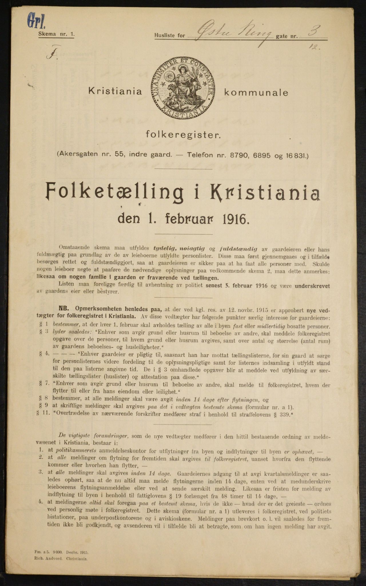 OBA, Kommunal folketelling 1.2.1916 for Kristiania, 1916, s. 133136