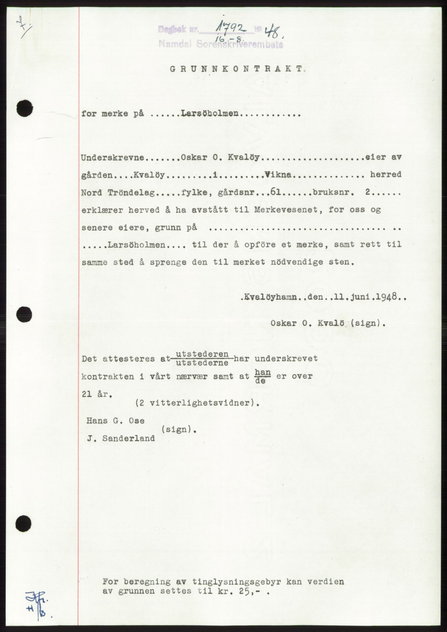Namdal sorenskriveri, SAT/A-4133/1/2/2C: Pantebok nr. -, 1948-1948, Dagboknr: 1792/1948