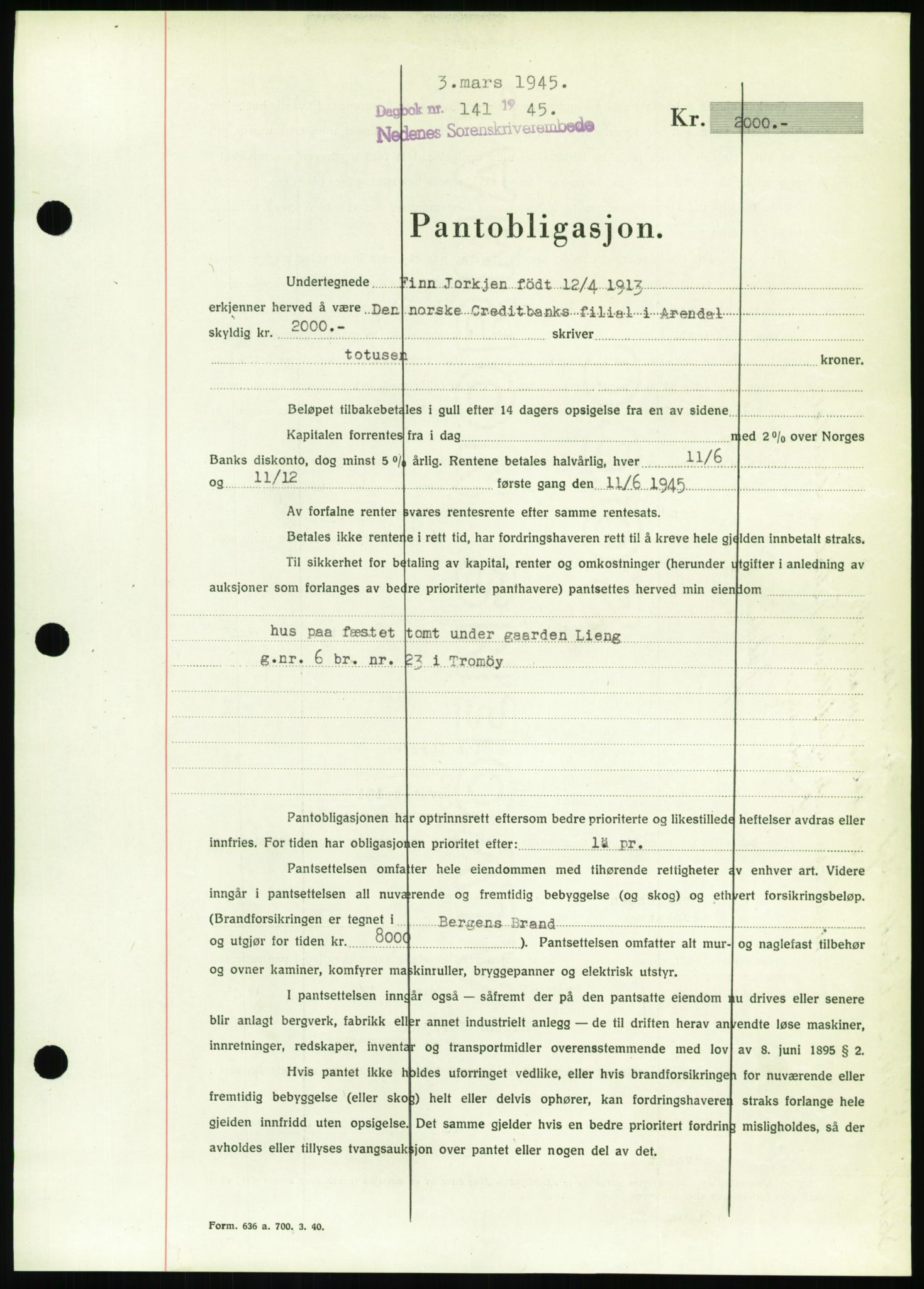 Nedenes sorenskriveri, SAK/1221-0006/G/Gb/Gbb/L0002: Pantebok nr. II, 1942-1945, Dagboknr: 141/1945