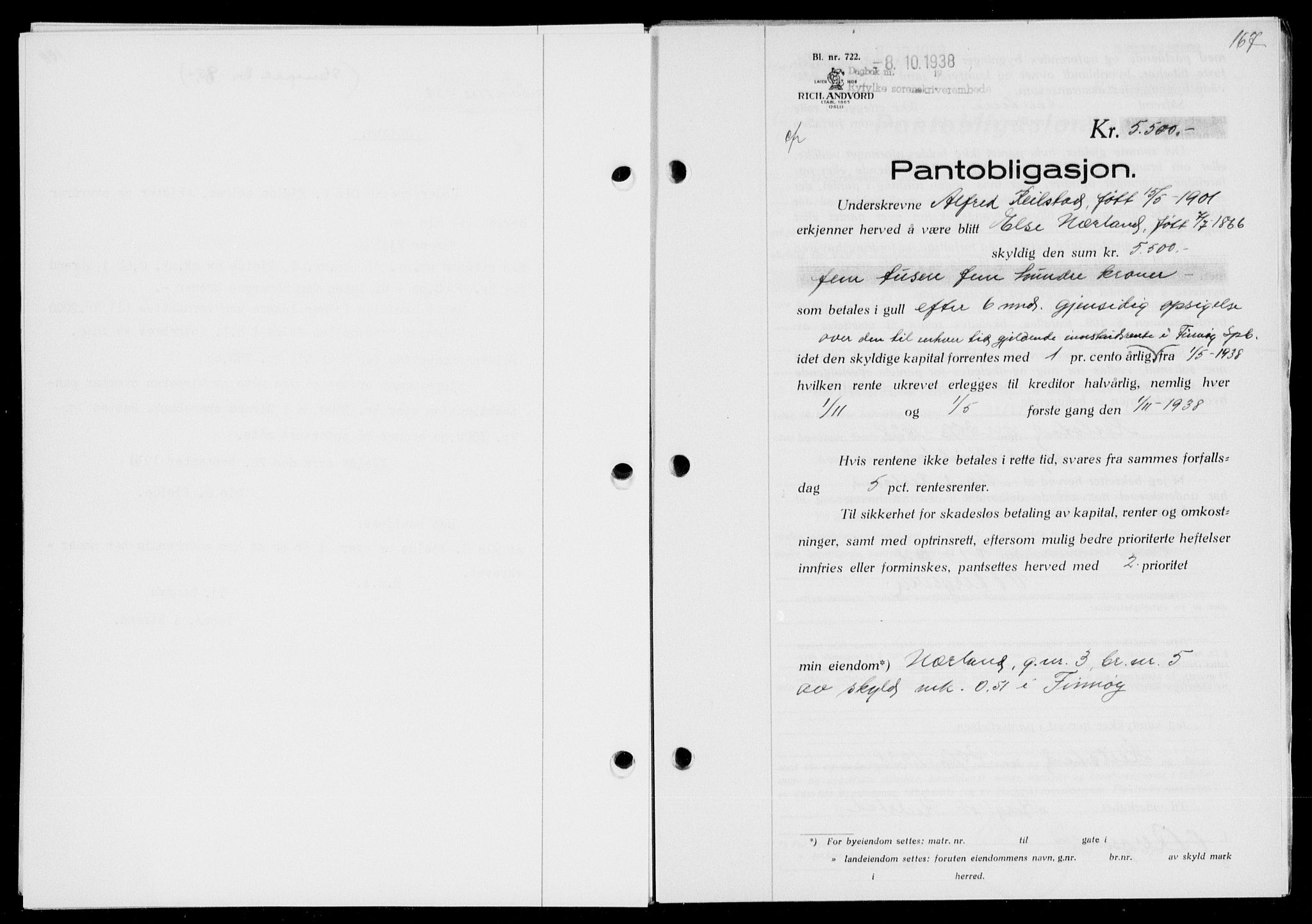 Ryfylke tingrett, SAST/A-100055/001/II/IIB/L0078: Pantebok nr. 57, 1938-1938, Dagboknr: 934/1938