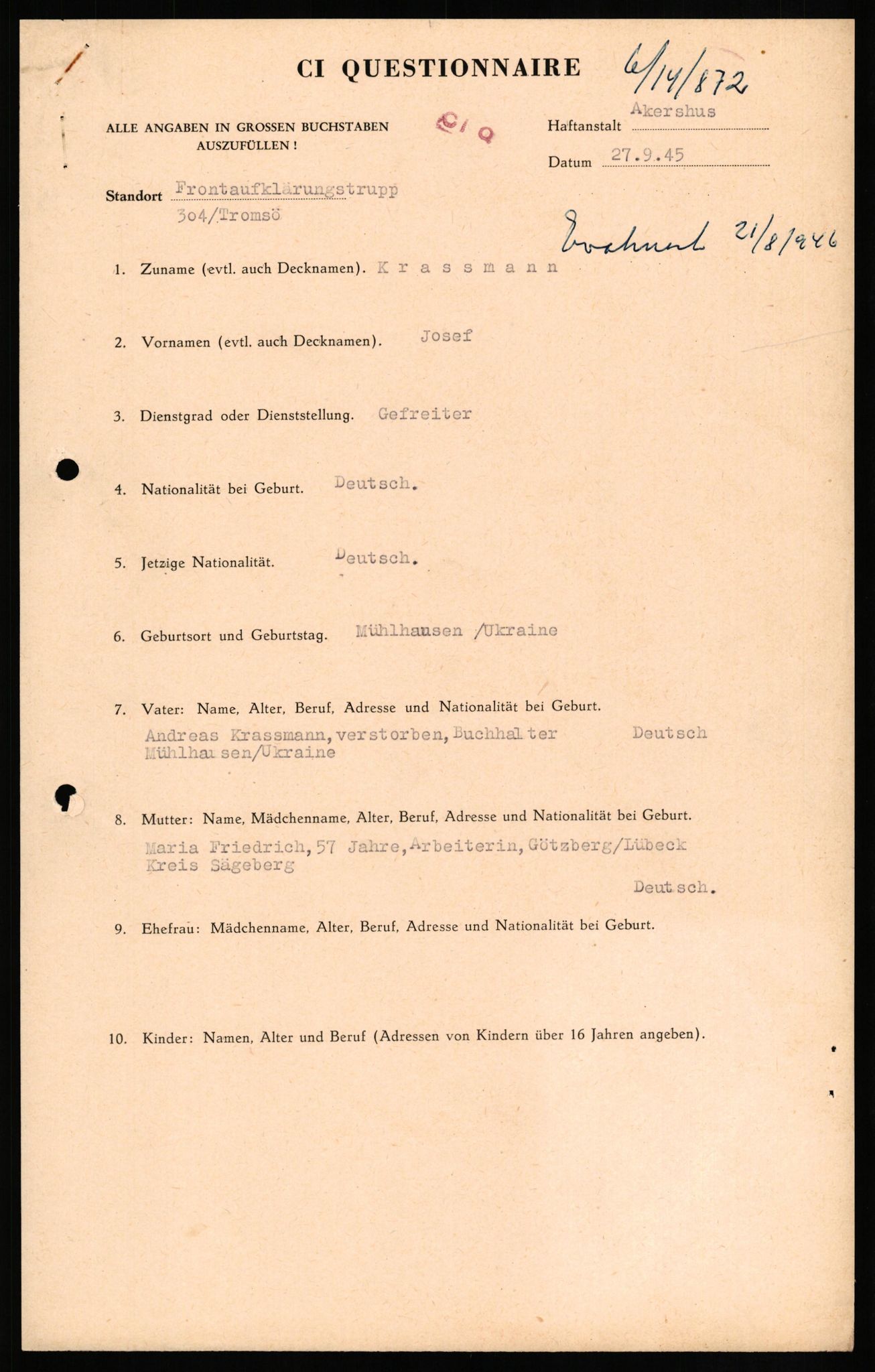 Forsvaret, Forsvarets overkommando II, AV/RA-RAFA-3915/D/Db/L0018: CI Questionaires. Tyske okkupasjonsstyrker i Norge. Tyskere., 1945-1946, s. 52