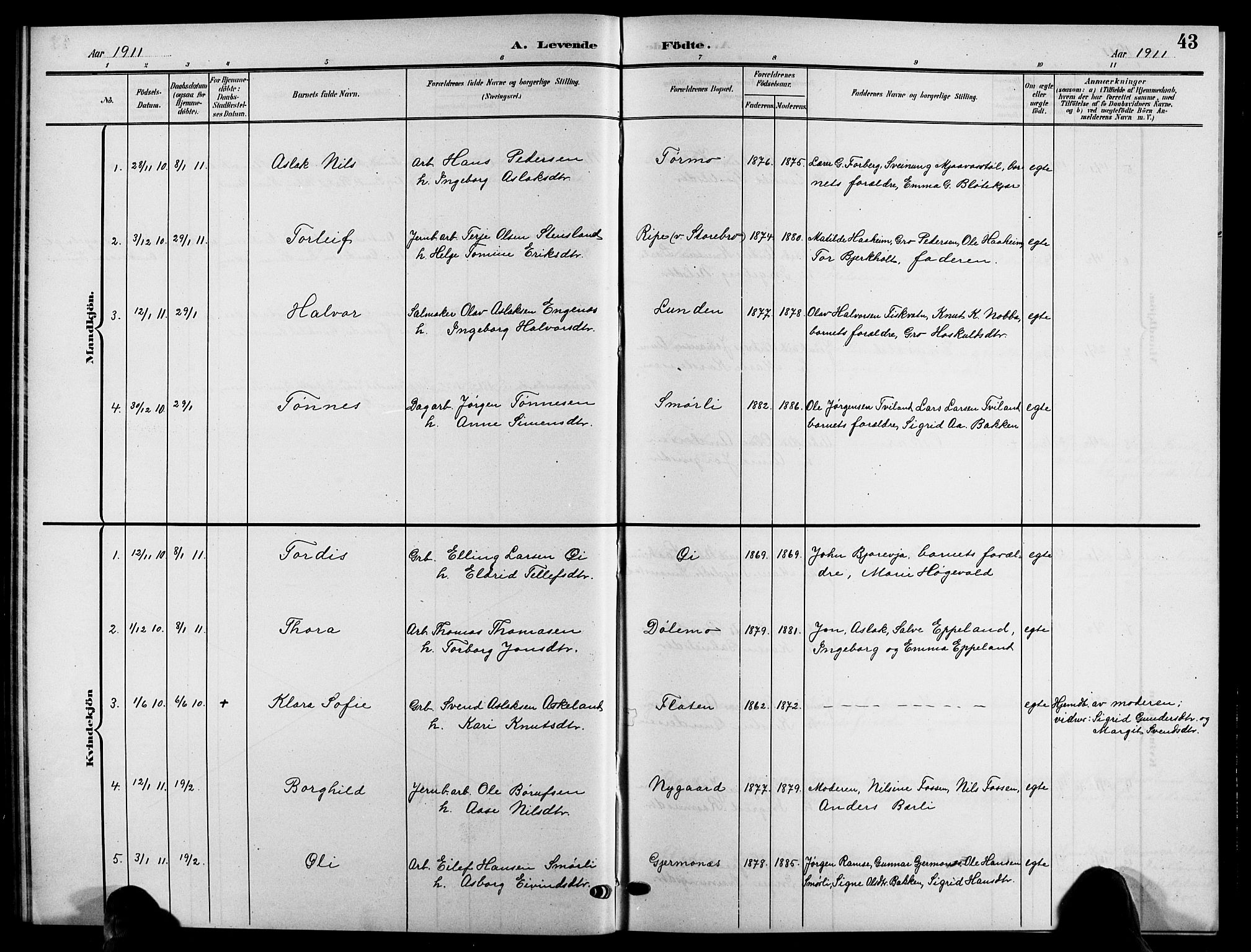 Åmli sokneprestkontor, SAK/1111-0050/F/Fb/Fbc/L0005: Klokkerbok nr. B 5, 1903-1916, s. 43