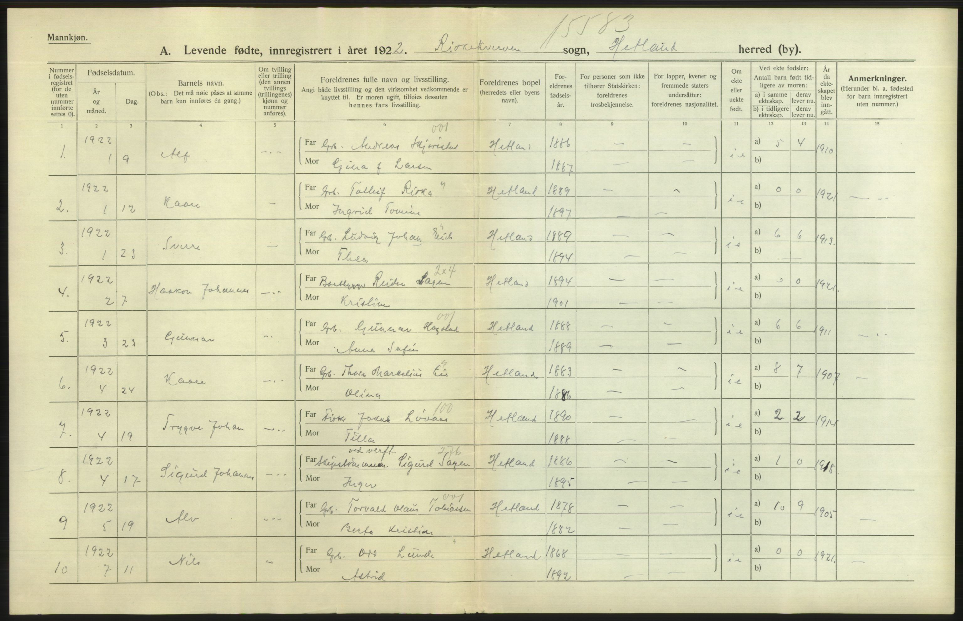 Statistisk sentralbyrå, Sosiodemografiske emner, Befolkning, RA/S-2228/D/Df/Dfc/Dfcb/L0023: Rogaland fylke: Levendefødte menn og kvinner. Bygder., 1922, s. 2