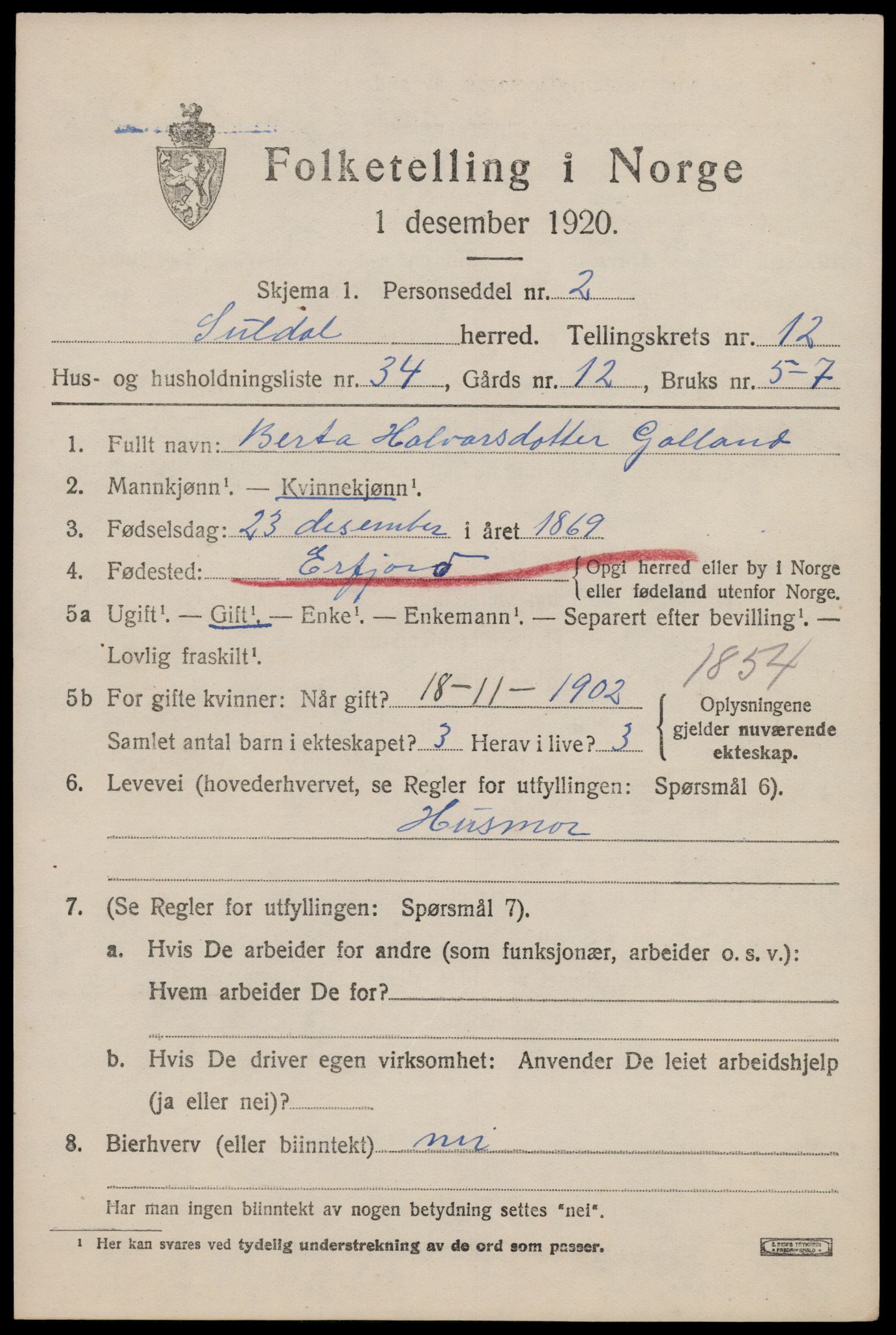 SAST, Folketelling 1920 for 1134 Suldal herred, 1920, s. 3864