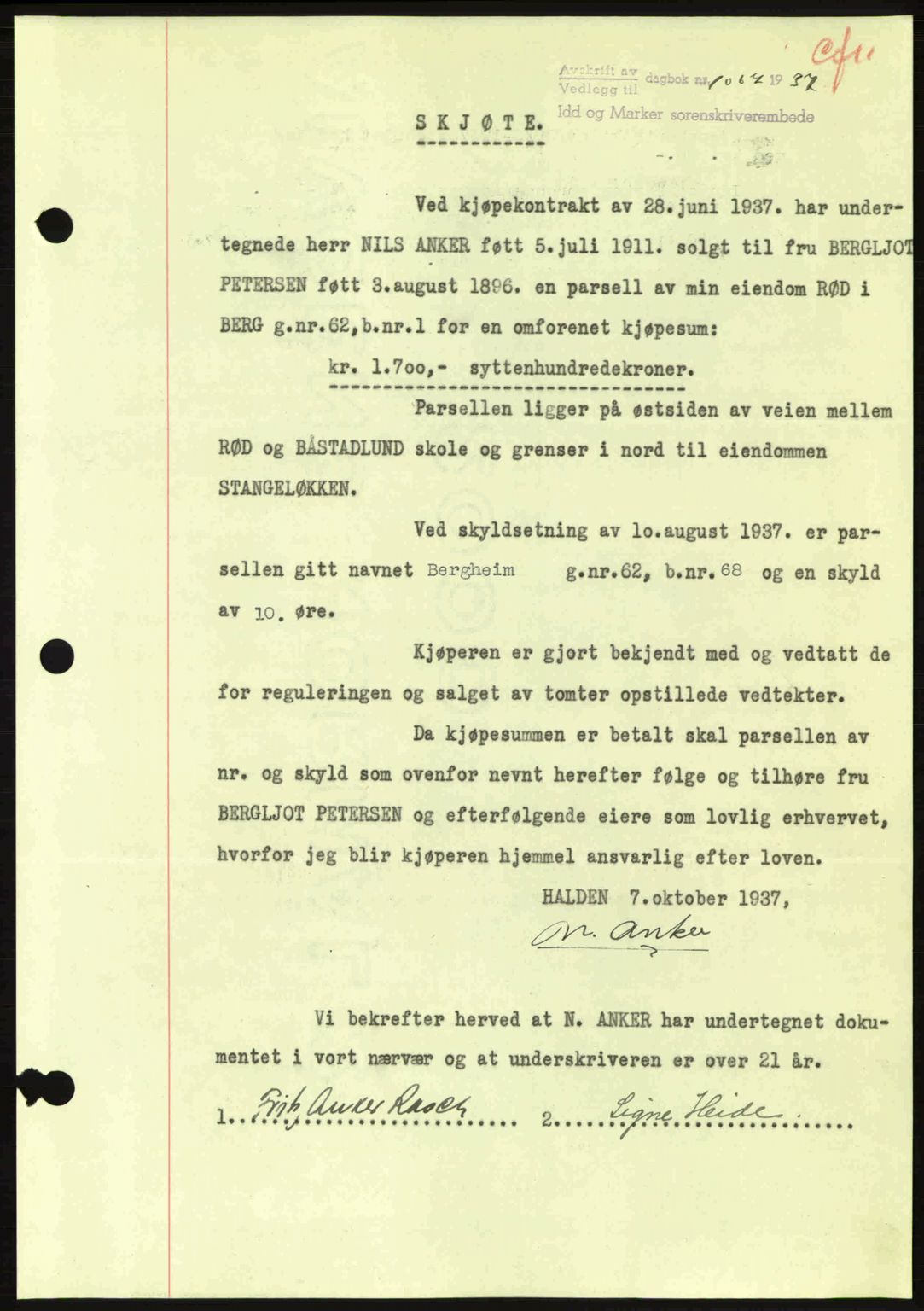 Idd og Marker sorenskriveri, AV/SAO-A-10283/G/Gb/Gbb/L0002: Pantebok nr. A2, 1937-1938, Dagboknr: 1067/1937