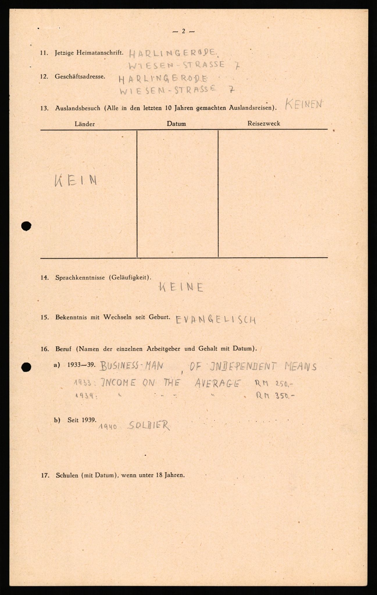 Forsvaret, Forsvarets overkommando II, RA/RAFA-3915/D/Db/L0027: CI Questionaires. Tyske okkupasjonsstyrker i Norge. Tyskere., 1945-1946, s. 143