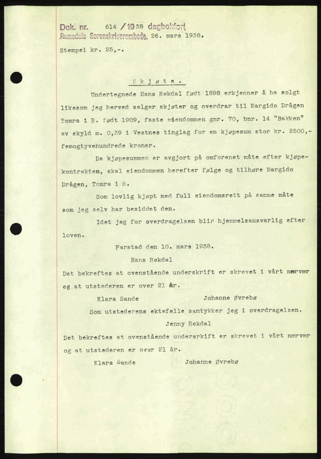 Romsdal sorenskriveri, SAT/A-4149/1/2/2C: Pantebok nr. A4, 1937-1938, Dagboknr: 614/1938