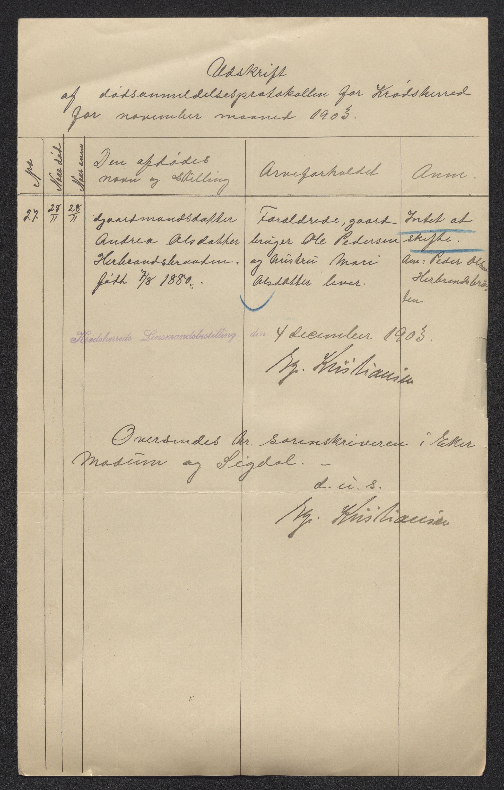 Eiker, Modum og Sigdal sorenskriveri, AV/SAKO-A-123/H/Ha/Hab/L0030: Dødsfallsmeldinger, 1903-1905, s. 375