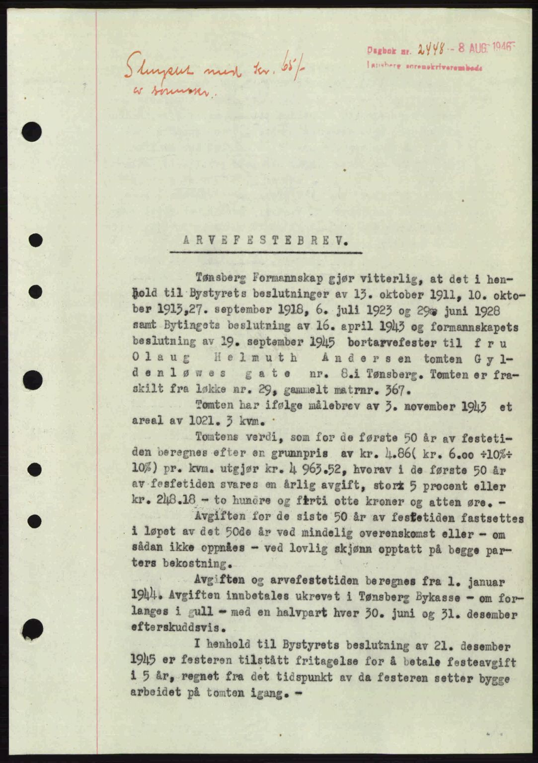 Tønsberg sorenskriveri, SAKO/A-130/G/Ga/Gaa/L0019: Pantebok nr. A19, 1946-1946, Dagboknr: 2448/1946