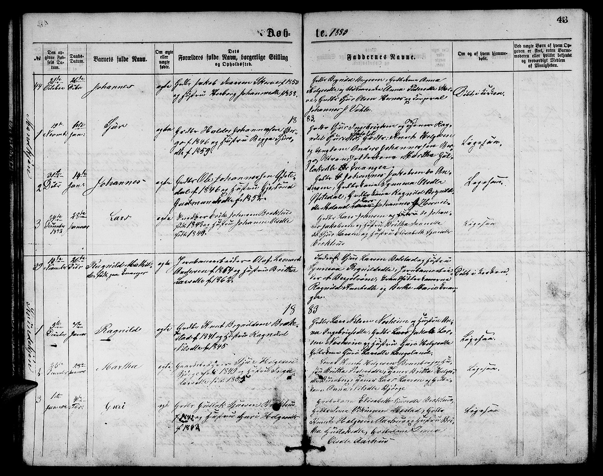 Evanger sokneprestembete, AV/SAB-A-99924: Klokkerbok nr. A 3, 1875-1887, s. 43