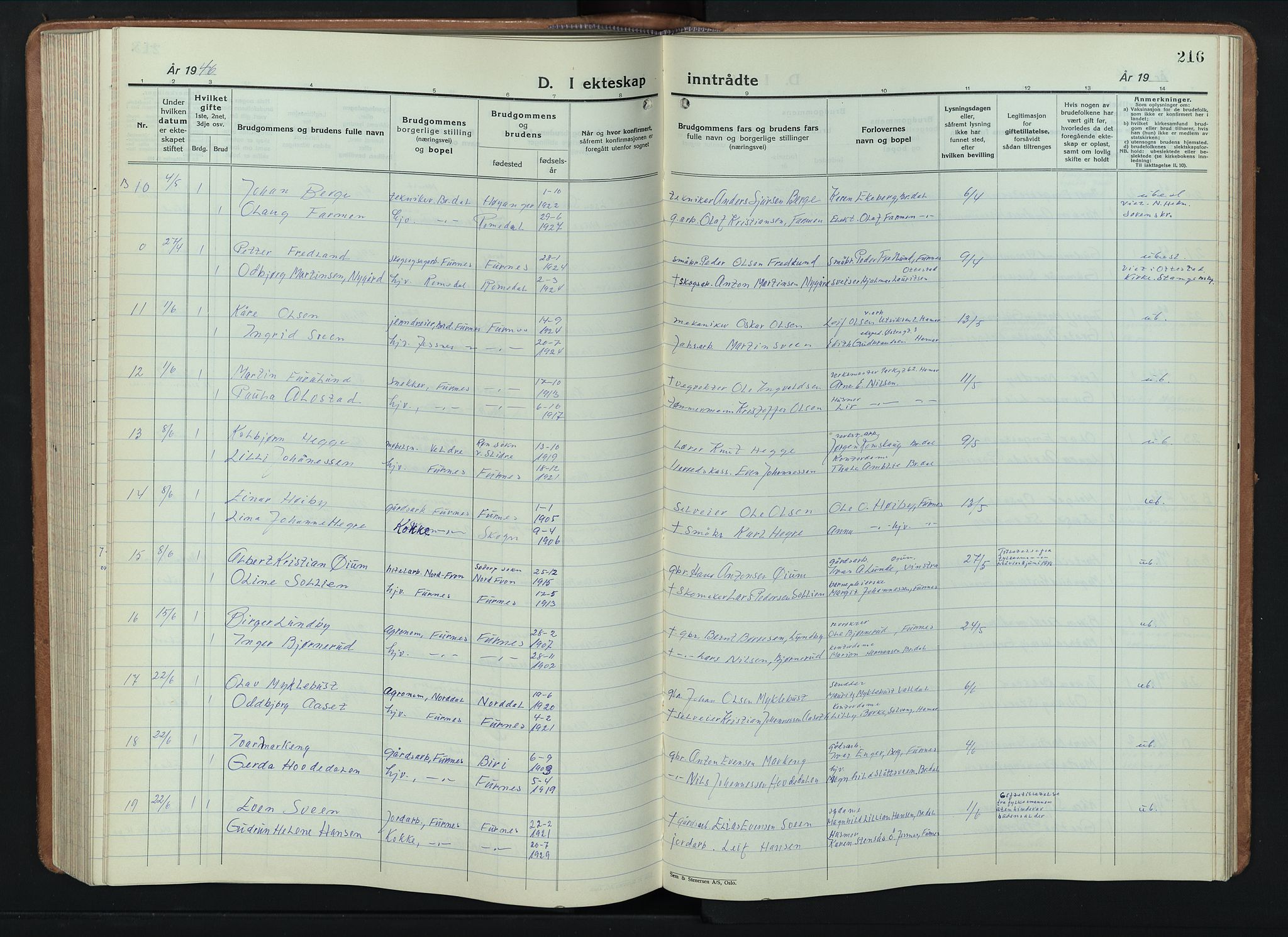 Furnes prestekontor, AV/SAH-PREST-012/L/La/L0002: Klokkerbok nr. 2, 1934-1956, s. 216