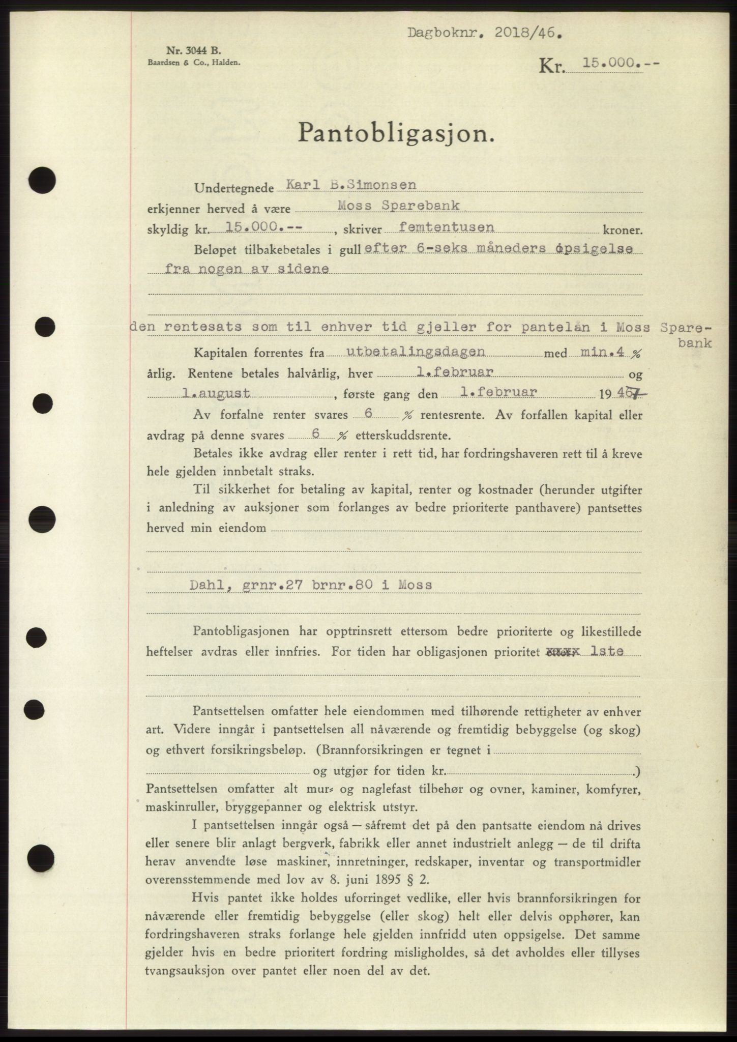 Moss sorenskriveri, SAO/A-10168: Pantebok nr. B15, 1946-1946, Dagboknr: 2018/1946