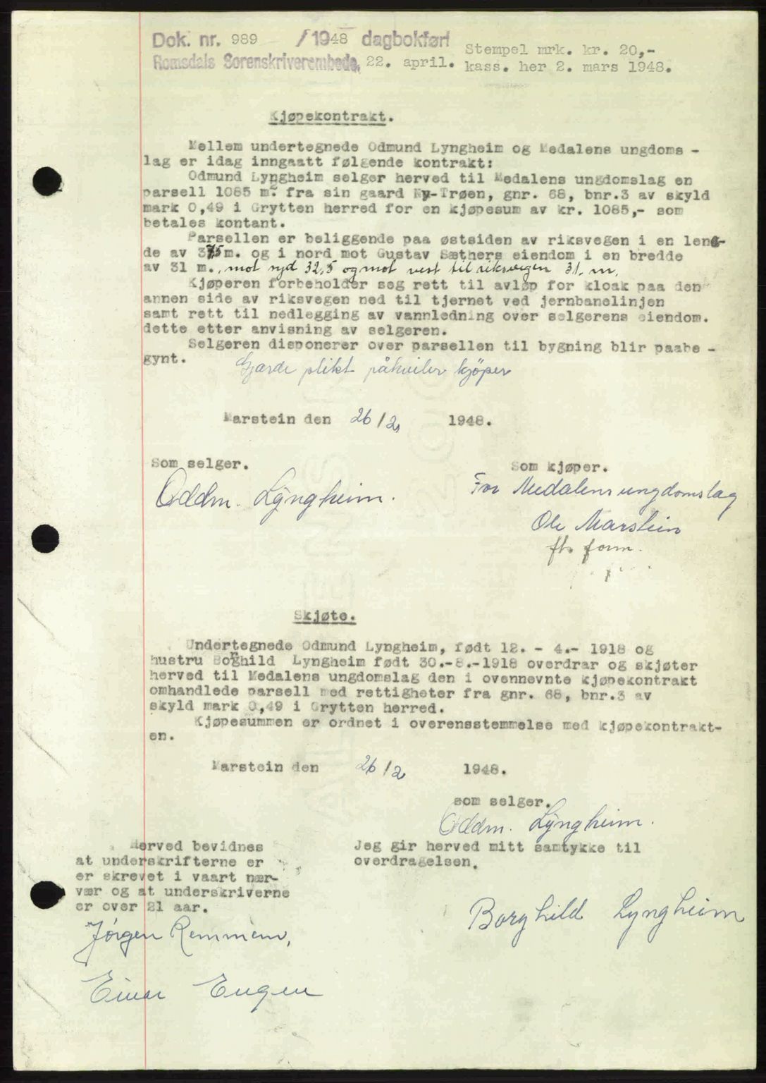 Romsdal sorenskriveri, SAT/A-4149/1/2/2C: Pantebok nr. A26, 1948-1948, Dagboknr: 989/1948