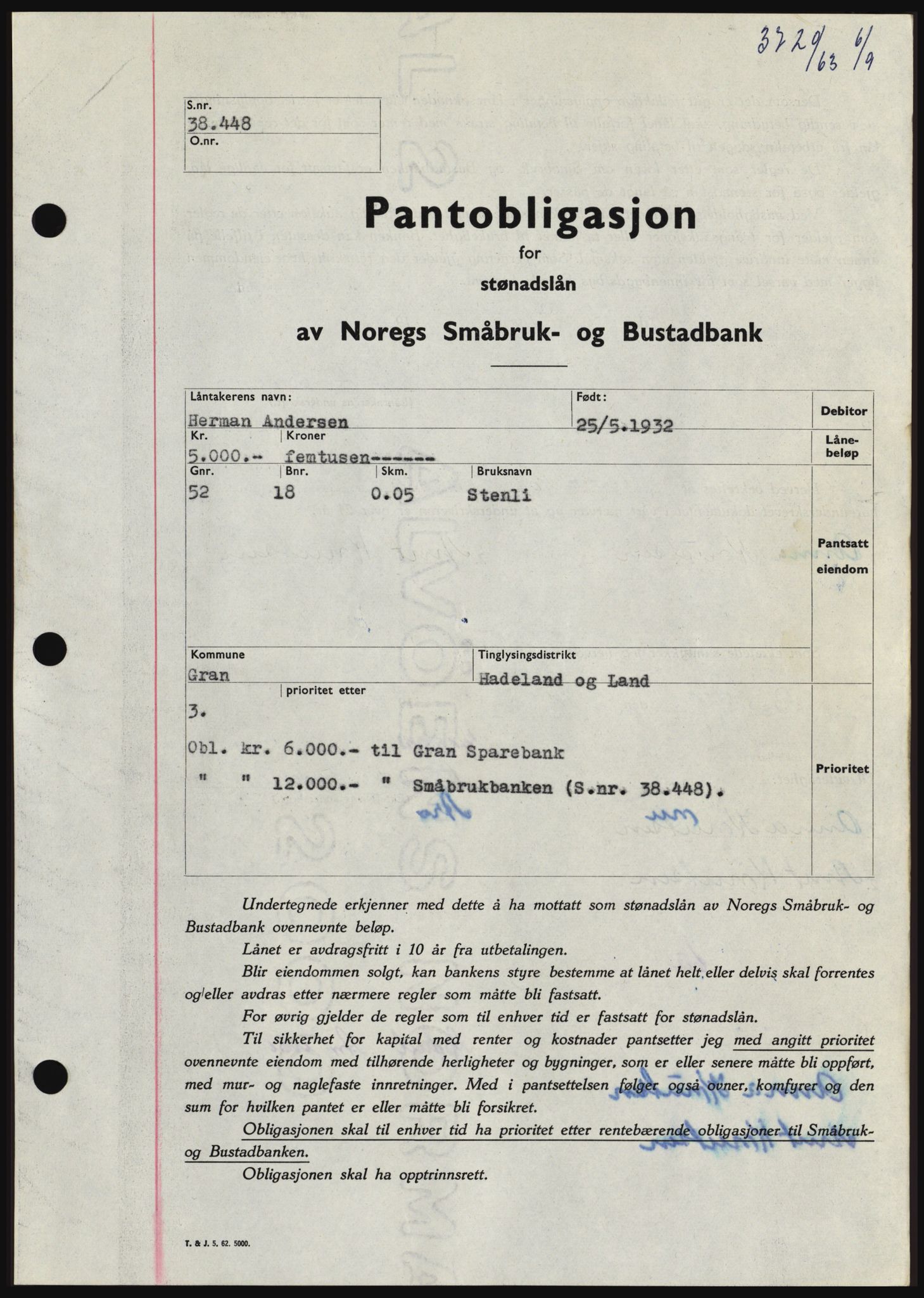 Hadeland og Land tingrett, SAH/TING-010/H/Hb/Hbc/L0052: Pantebok nr. B52, 1963-1963, Dagboknr: 3720/1963