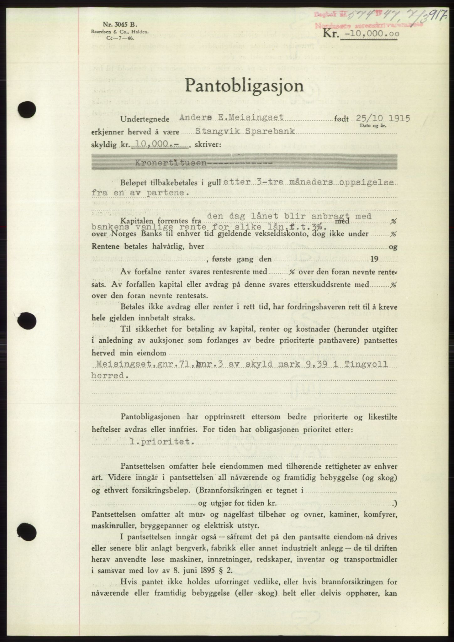 Nordmøre sorenskriveri, AV/SAT-A-4132/1/2/2Ca: Pantebok nr. B95, 1946-1947, Dagboknr: 574/1947