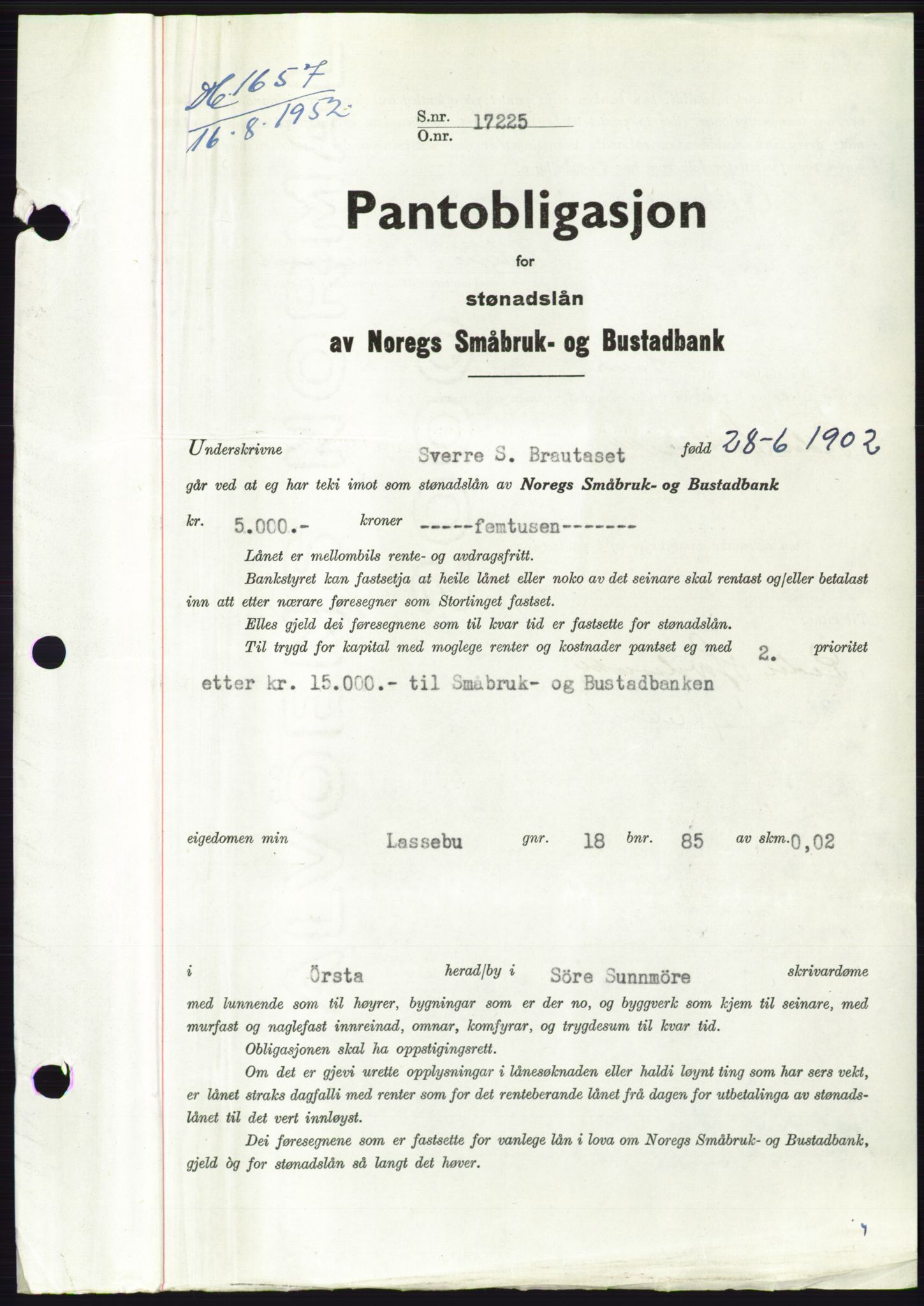 Søre Sunnmøre sorenskriveri, AV/SAT-A-4122/1/2/2C/L0121: Pantebok nr. 9B, 1951-1952, Dagboknr: 1657/1952