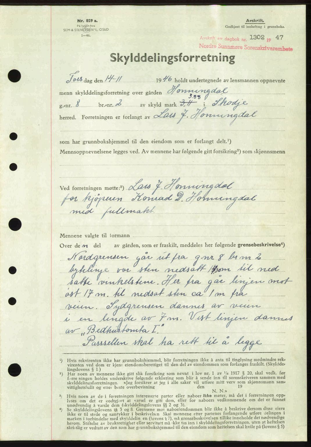 Nordre Sunnmøre sorenskriveri, AV/SAT-A-0006/1/2/2C/2Ca: Pantebok nr. A25, 1947-1947, Dagboknr: 1302/1947