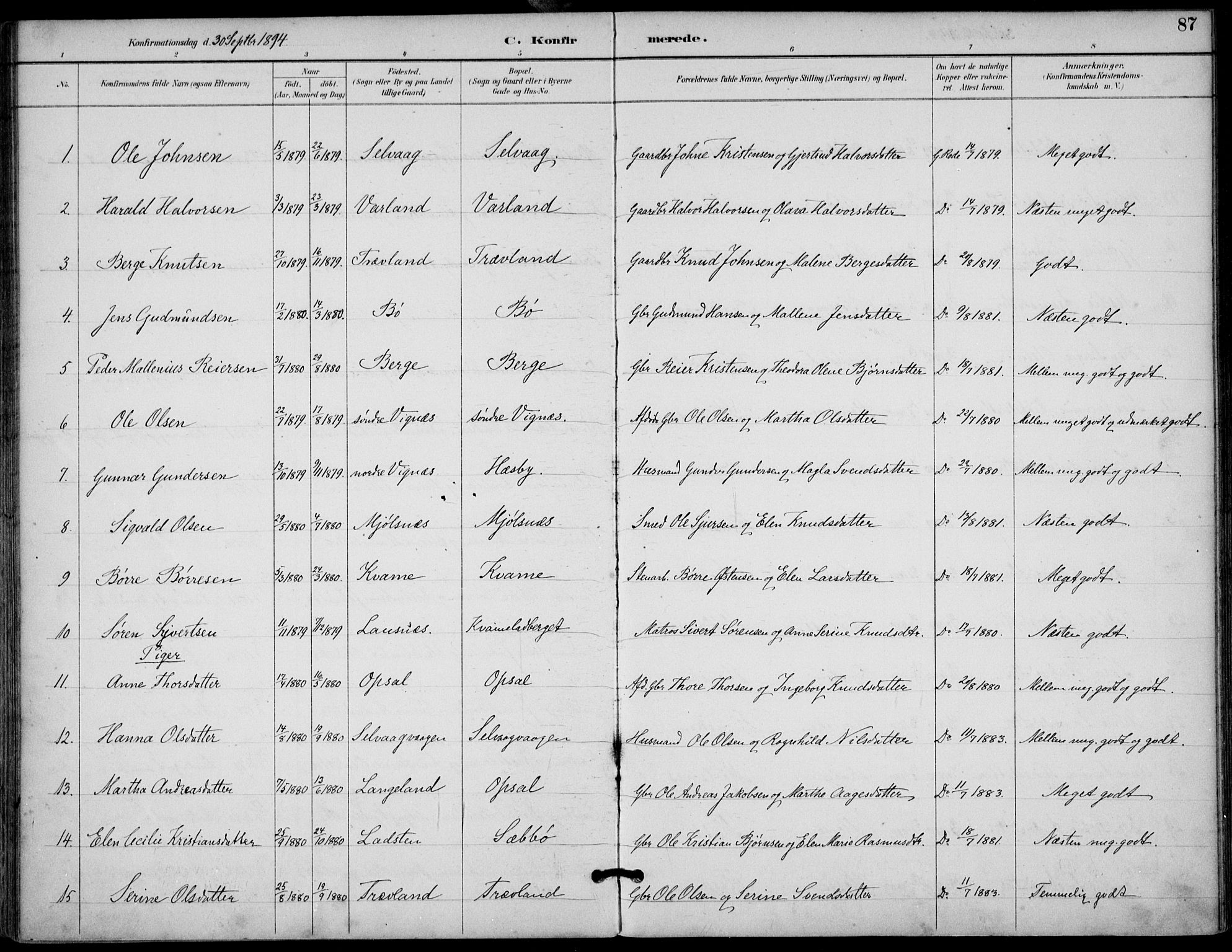 Finnøy sokneprestkontor, AV/SAST-A-101825/H/Ha/Haa/L0011: Ministerialbok nr. A 11, 1891-1910, s. 87