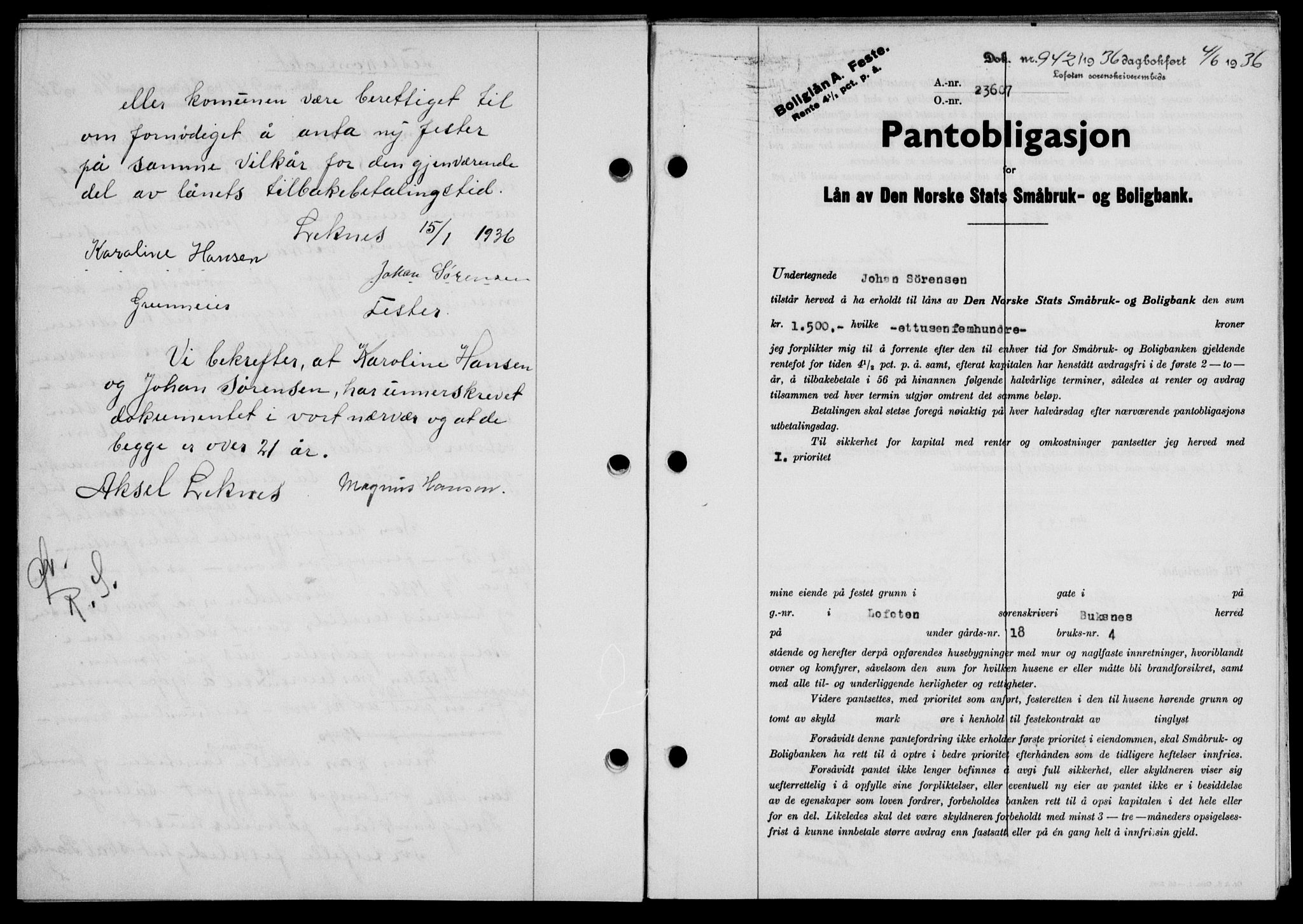 Lofoten sorenskriveri, SAT/A-0017/1/2/2C/L0033b: Pantebok nr. 33b, 1936-1936, Dagboknr: 942/1936