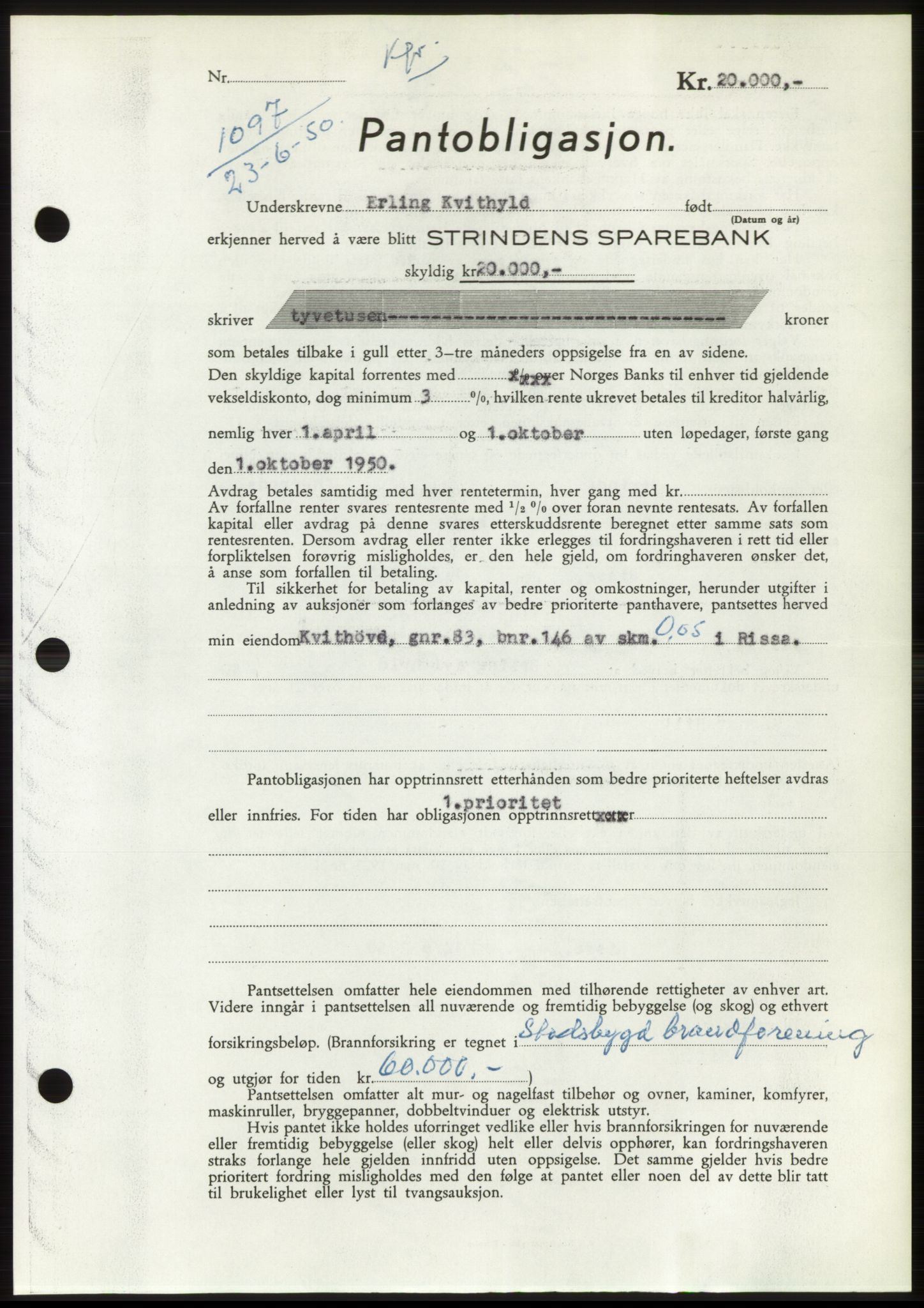 Fosen sorenskriveri, AV/SAT-A-1107/1/2/2C: Pantebok nr. B, 1948-1950, Dagboknr: 1097/1950