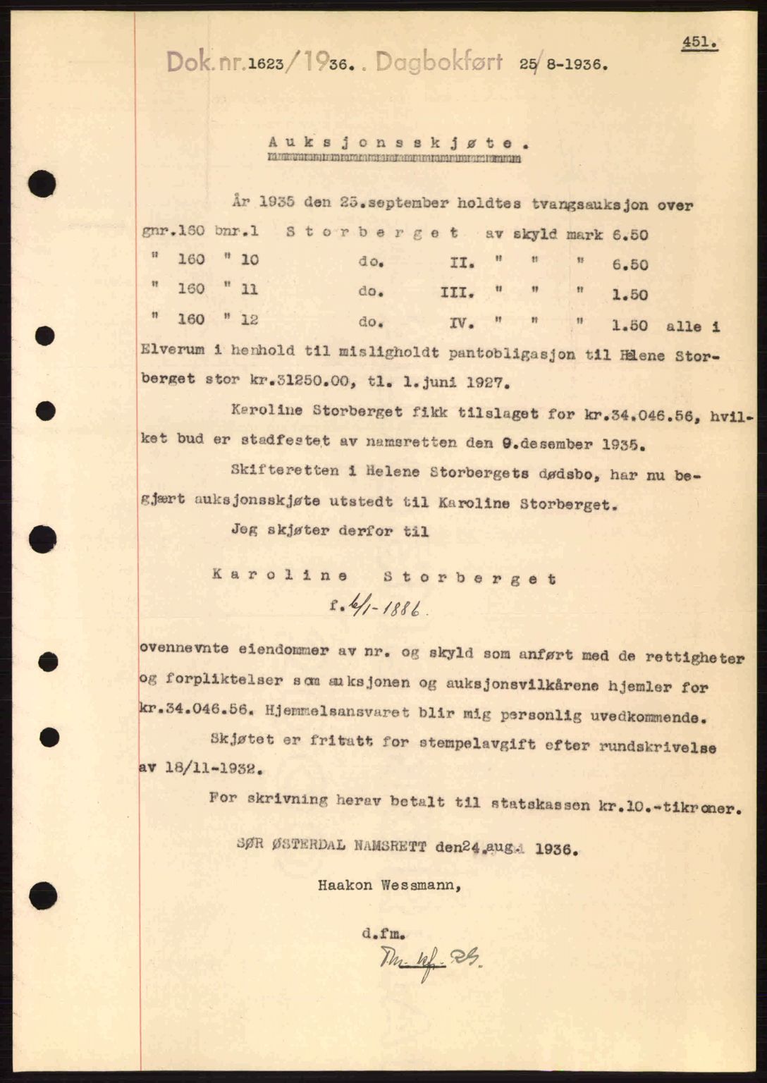 Sør-Østerdal sorenskriveri, SAH/TING-018/H/Hb/Hbb/L0054: Pantebok nr. A54, 1936-1936, Dagboknr: 1623/1936