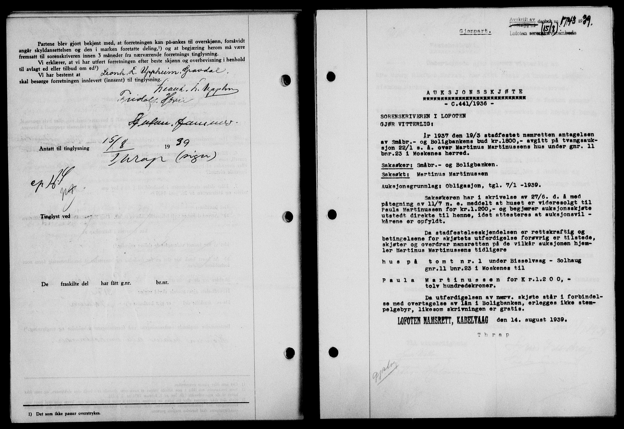 Lofoten sorenskriveri, SAT/A-0017/1/2/2C/L0006a: Pantebok nr. 6a, 1939-1939, Dagboknr: 1743/1939