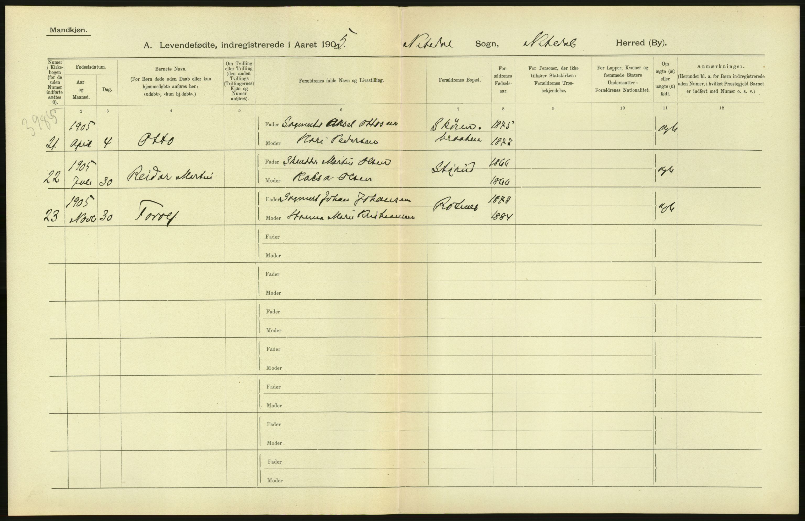 Statistisk sentralbyrå, Sosiodemografiske emner, Befolkning, RA/S-2228/D/Df/Dfa/Dfac/L0004: Akershus amt: Fødte. Bygder., 1905, s. 54