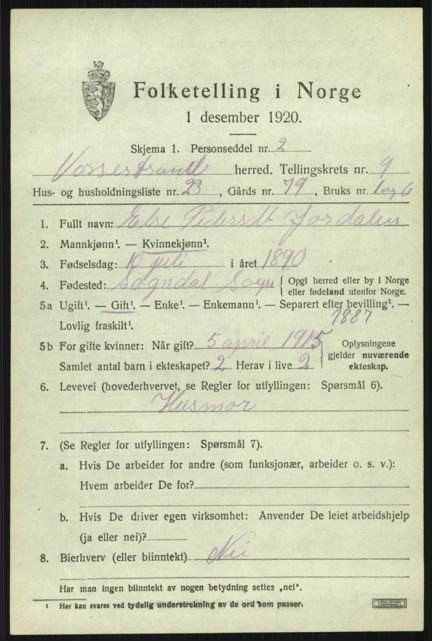 SAB, Folketelling 1920 for 1236 Vossestrand herred, 1920, s. 4096