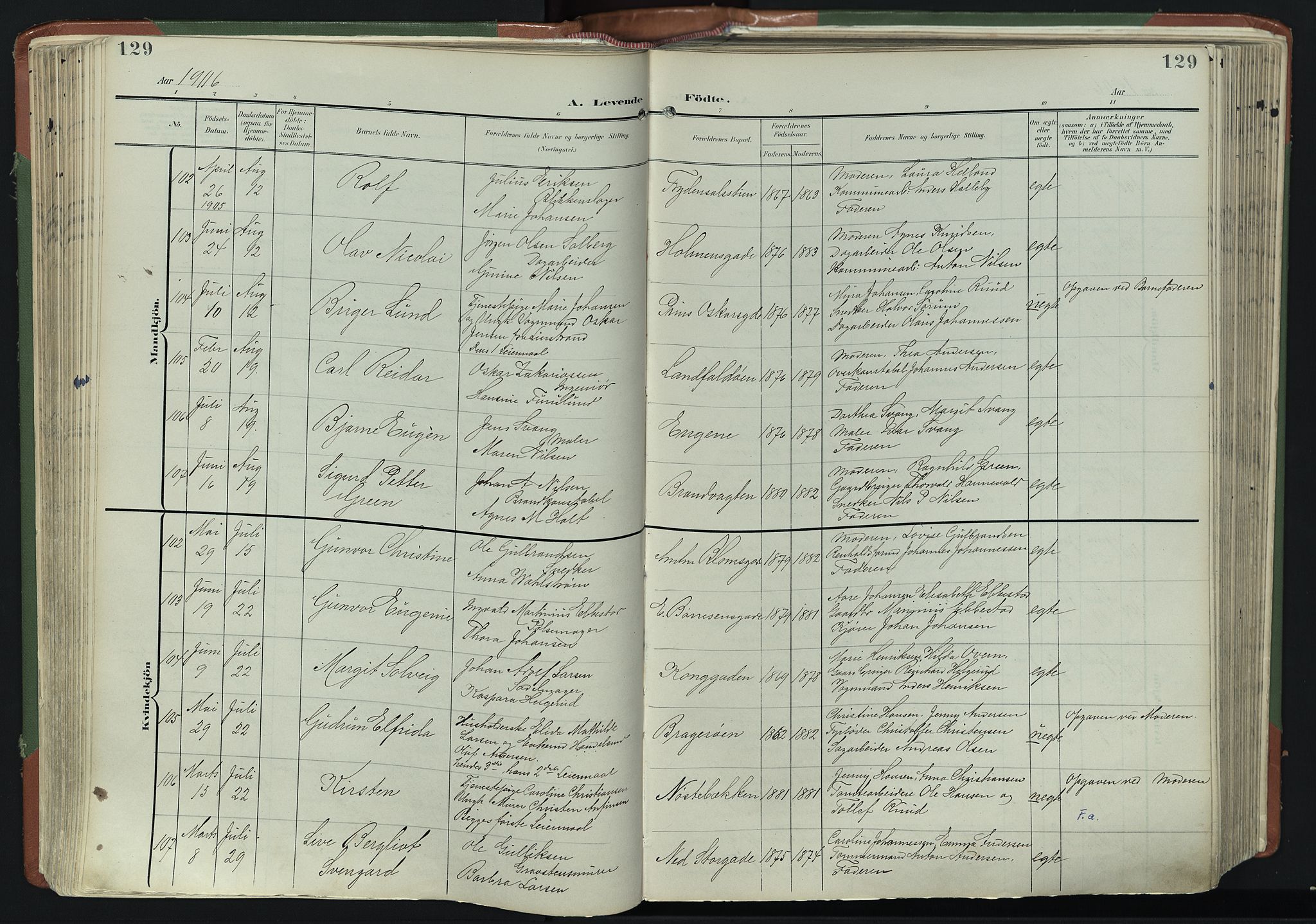 Bragernes kirkebøker, AV/SAKO-A-6/F/Fb/L0009: Ministerialbok nr. II 9, 1902-1911, s. 129