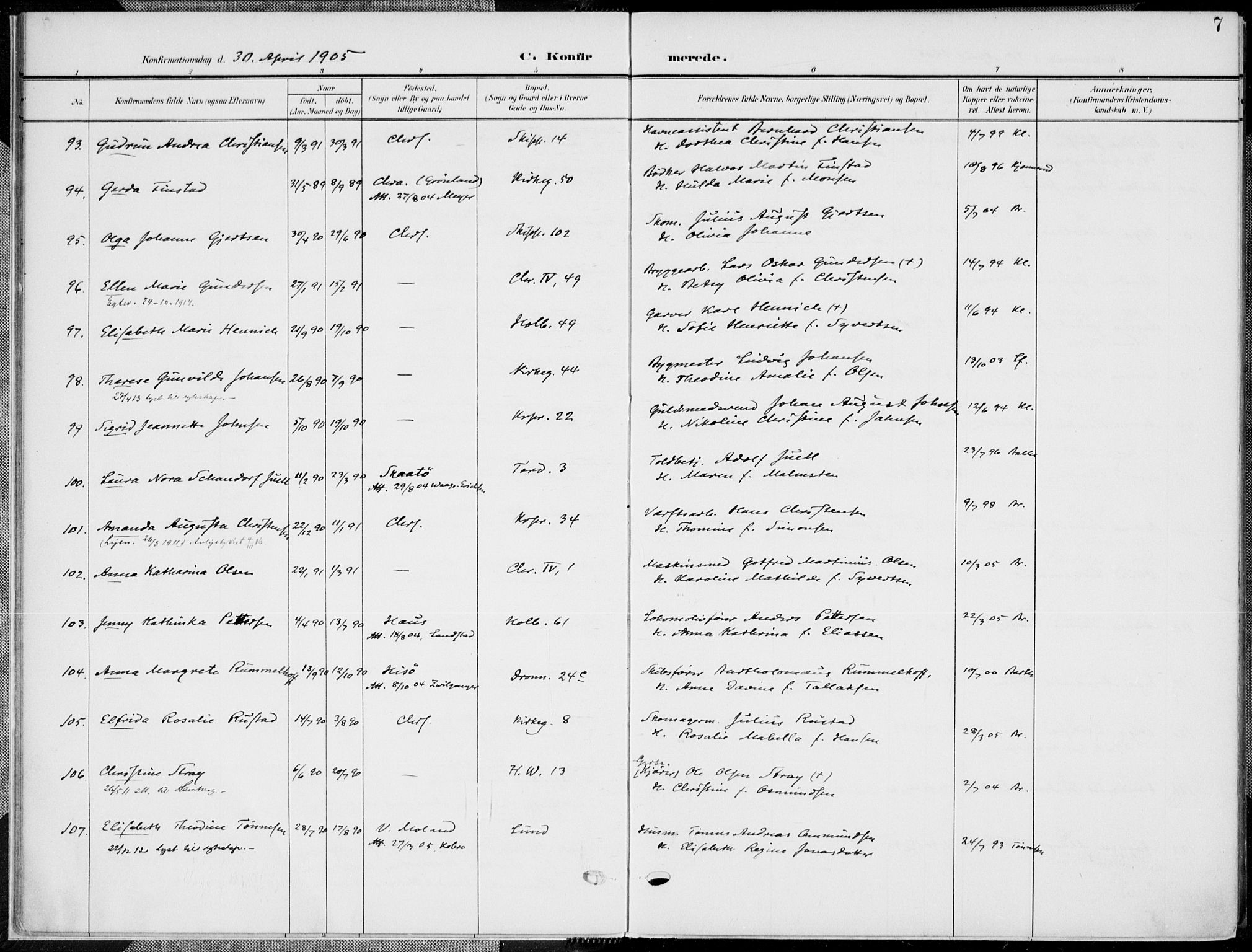 Kristiansand domprosti, AV/SAK-1112-0006/F/Fa/L0022: Ministerialbok nr. A 21, 1905-1916, s. 7