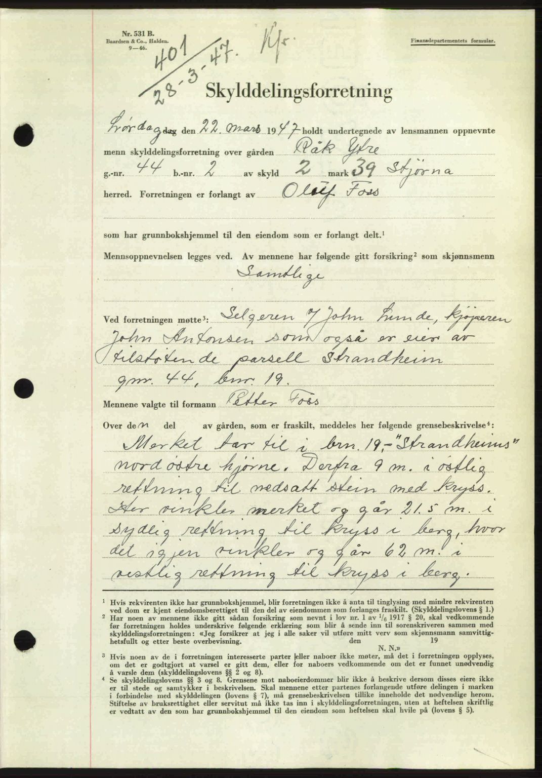 Fosen sorenskriveri, AV/SAT-A-1107/1/2/2C: Pantebok nr. A4-6, 1946-1947, Dagboknr: 401/1947
