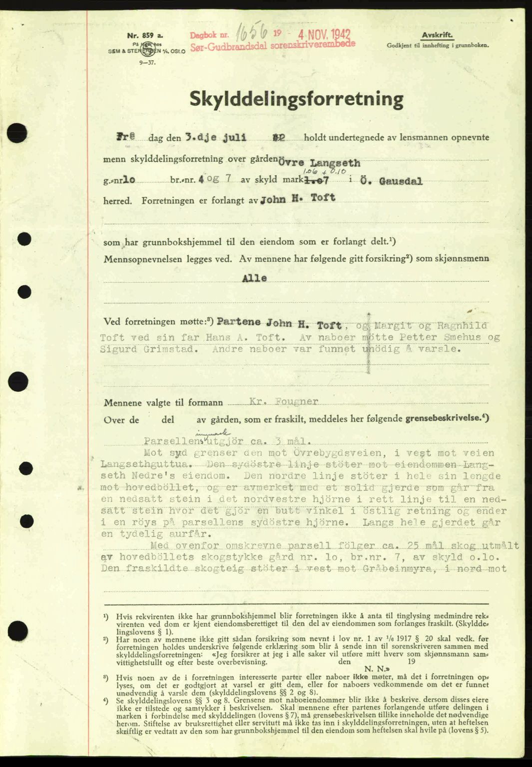 Sør-Gudbrandsdal tingrett, SAH/TING-004/H/Hb/Hbd/L0011: Pantebok nr. A11, 1942-1943, Dagboknr: 1656/1942