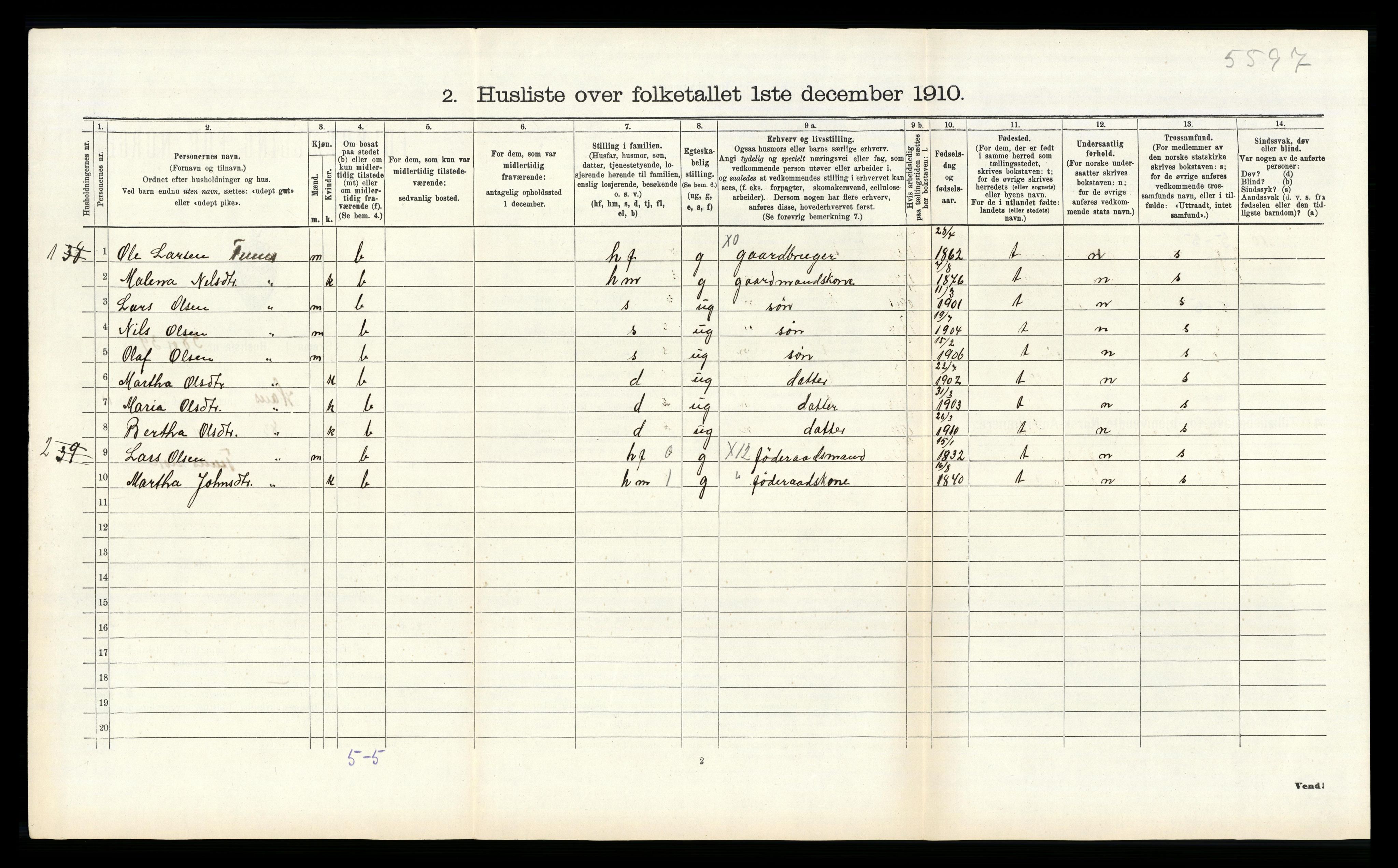 RA, Folketelling 1910 for 1250 Haus herred, 1910, s. 871