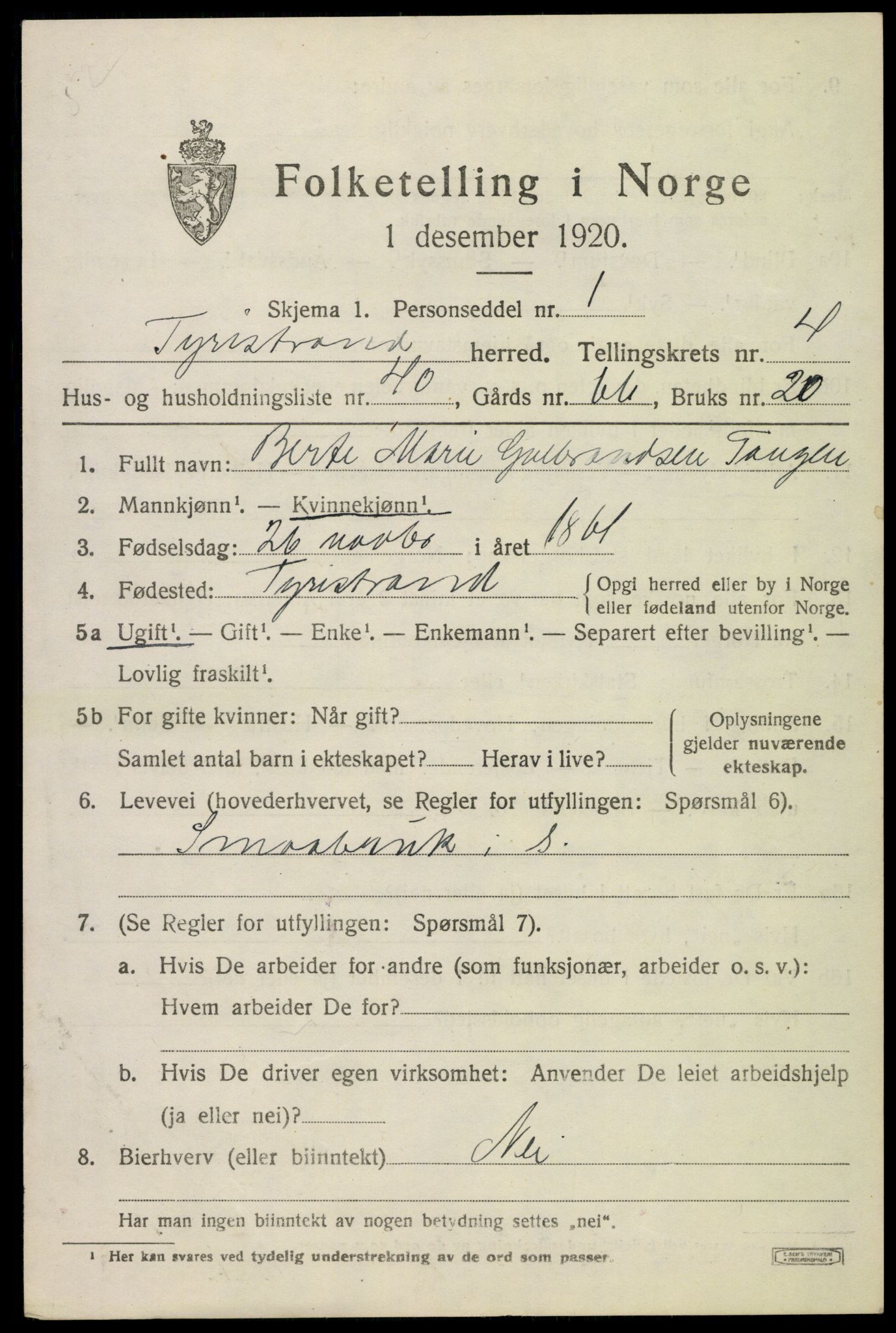 SAKO, Folketelling 1920 for 0611 Tyristrand herred, 1920, s. 3504
