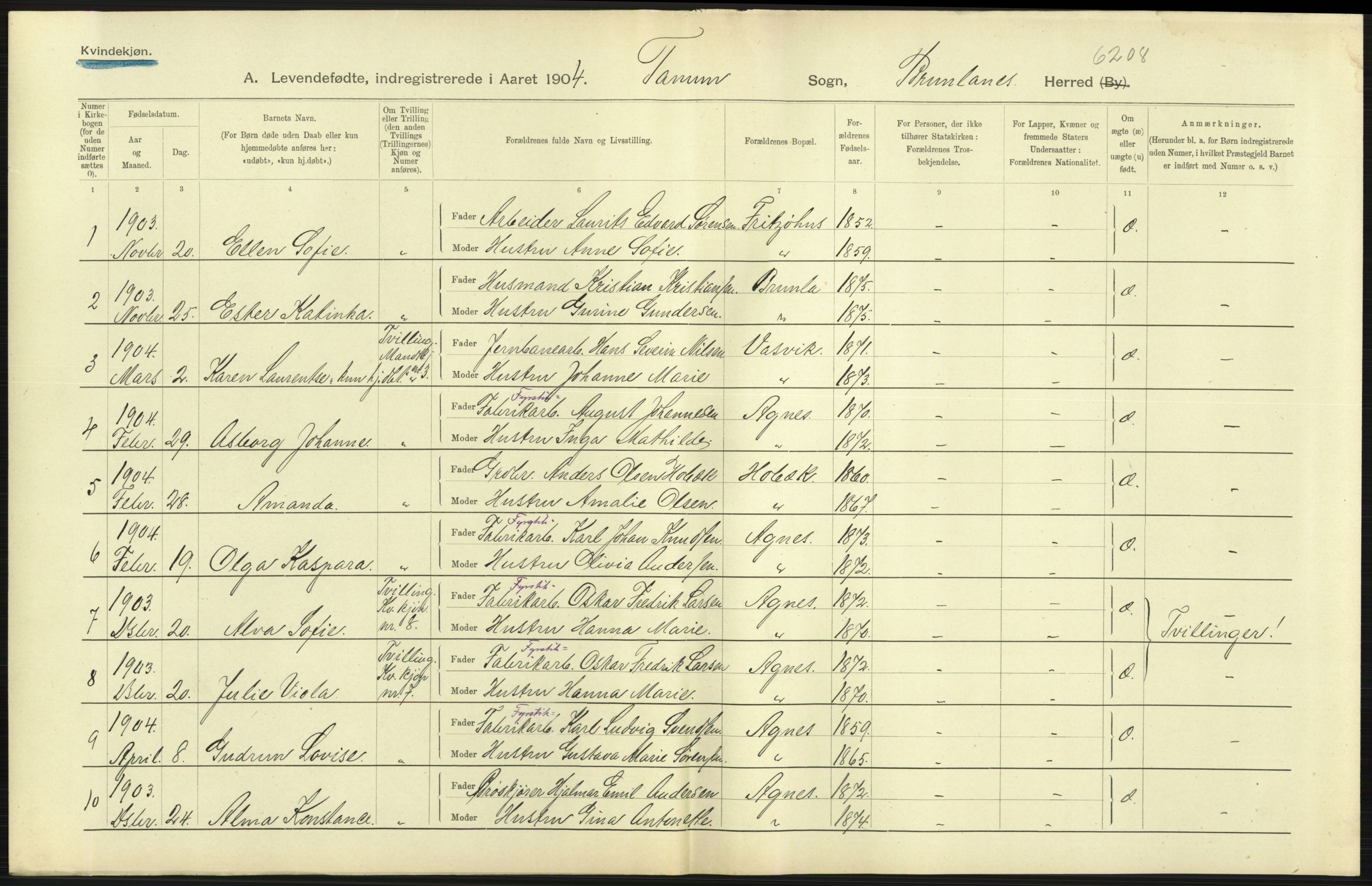 Statistisk sentralbyrå, Sosiodemografiske emner, Befolkning, AV/RA-S-2228/D/Df/Dfa/Dfab/L0008: Jarlsberg og Larvig amt: Fødte, gifte, døde, 1904, s. 59