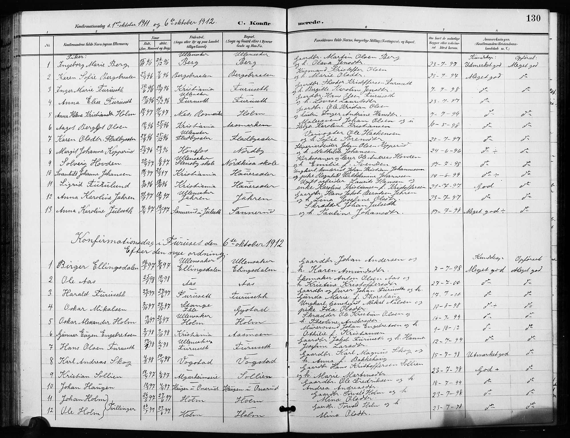 Ullensaker prestekontor Kirkebøker, AV/SAO-A-10236a/G/Ga/L0002: Klokkerbok nr. I 2, 1901-1913, s. 130