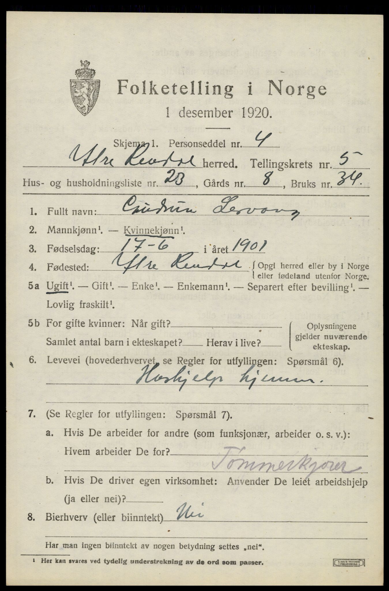 SAH, Folketelling 1920 for 0432 Ytre Rendal herred, 1920, s. 2901