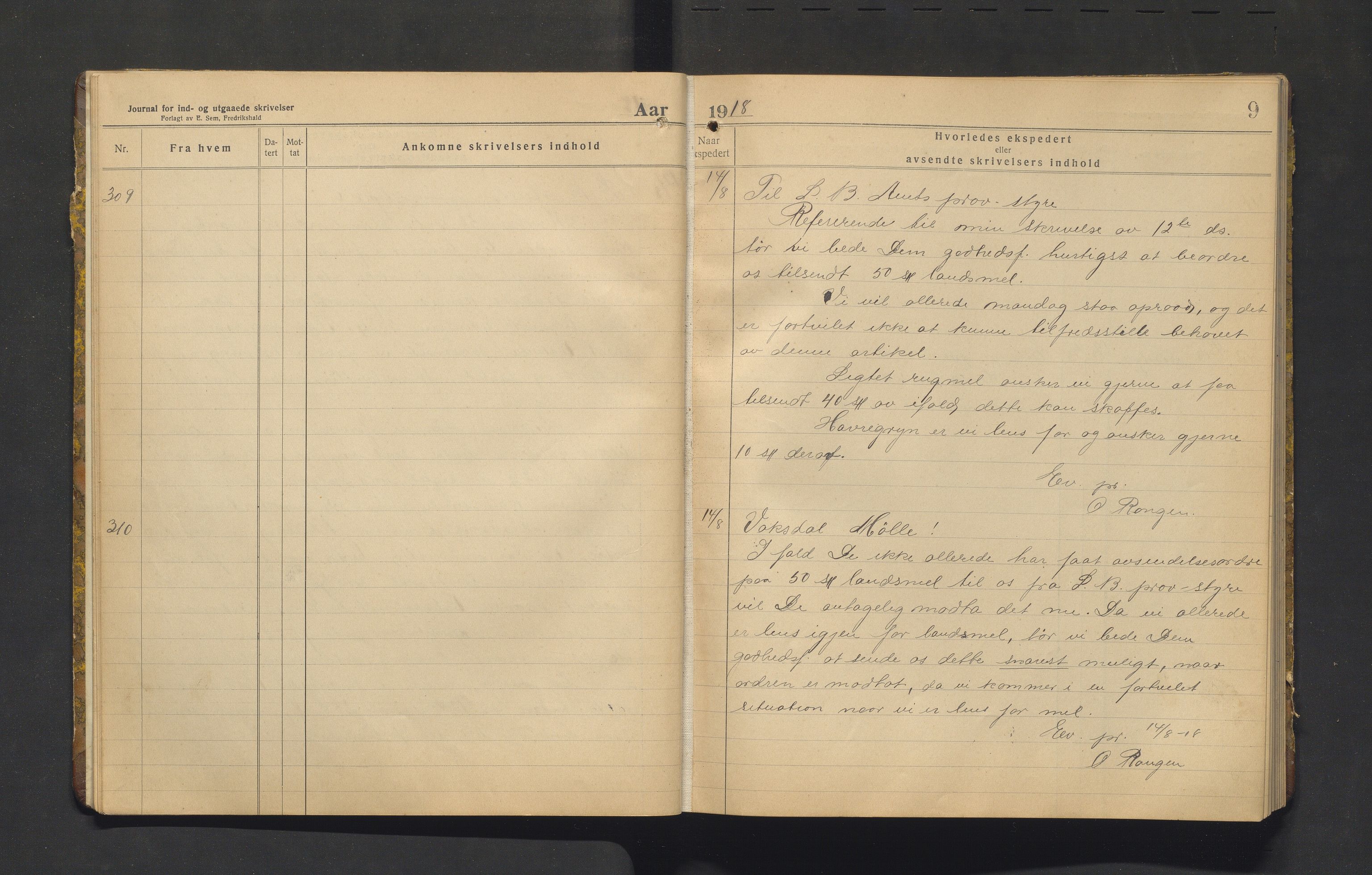 Evanger kommune. Provianteringsrådet , IKAH/1237-840/C/Ca/L0002: Brevjournal for Evanger provianteringsråd, 1918-1919