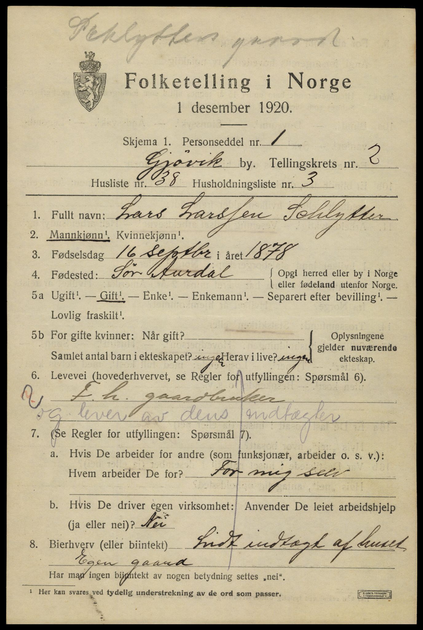 SAH, Folketelling 1920 for 0502 Gjøvik kjøpstad, 1920, s. 5462