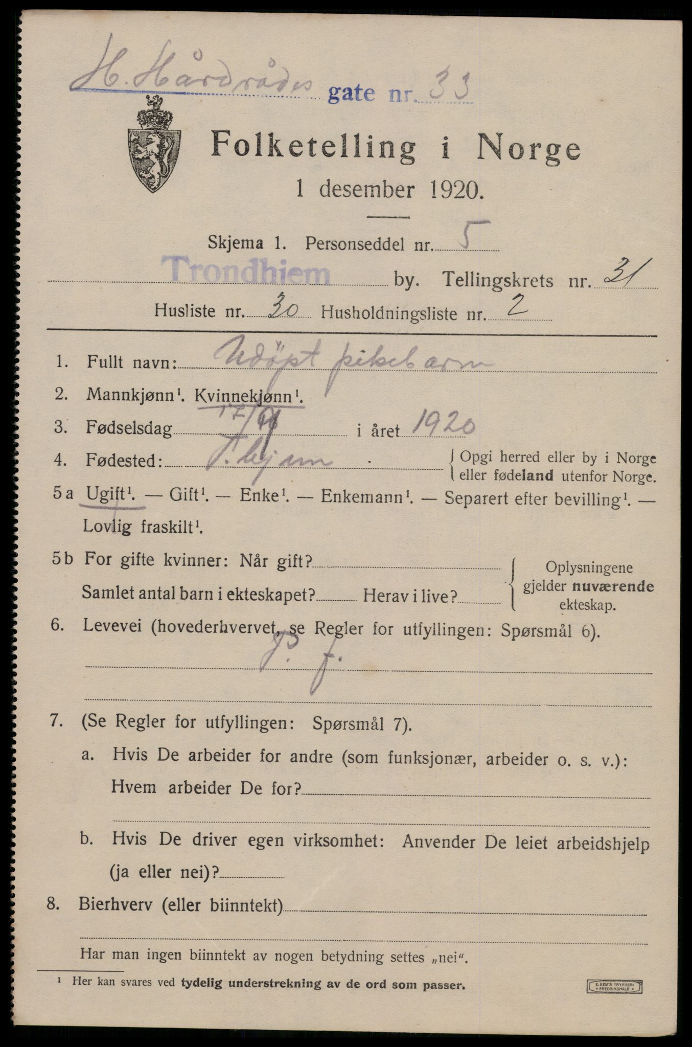 SAT, Folketelling 1920 for 1601 Trondheim kjøpstad, 1920, s. 77170
