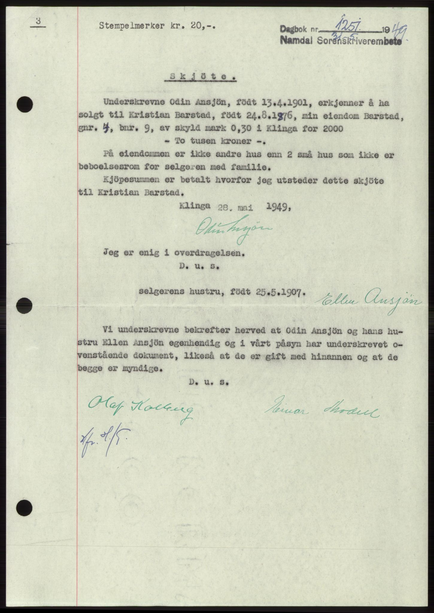 Namdal sorenskriveri, SAT/A-4133/1/2/2C: Pantebok nr. -, 1949-1949, Dagboknr: 1251/1949