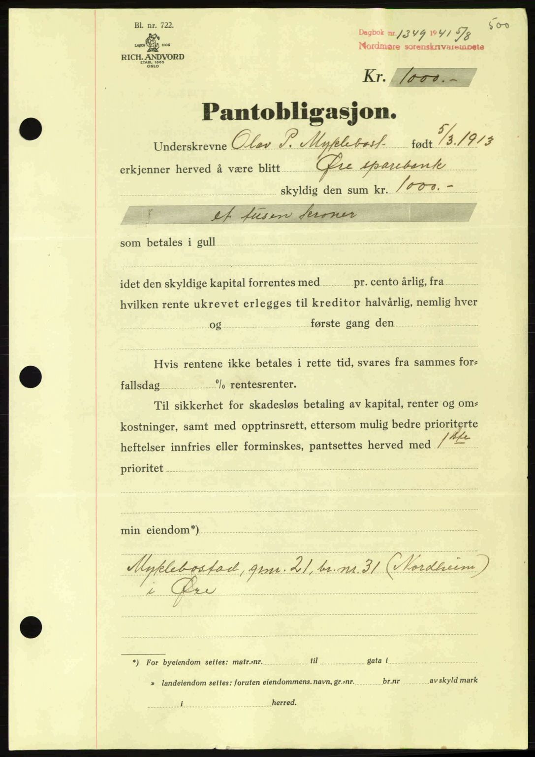 Nordmøre sorenskriveri, SAT/A-4132/1/2/2Ca: Pantebok nr. A90, 1941-1941, Dagboknr: 1349/1941
